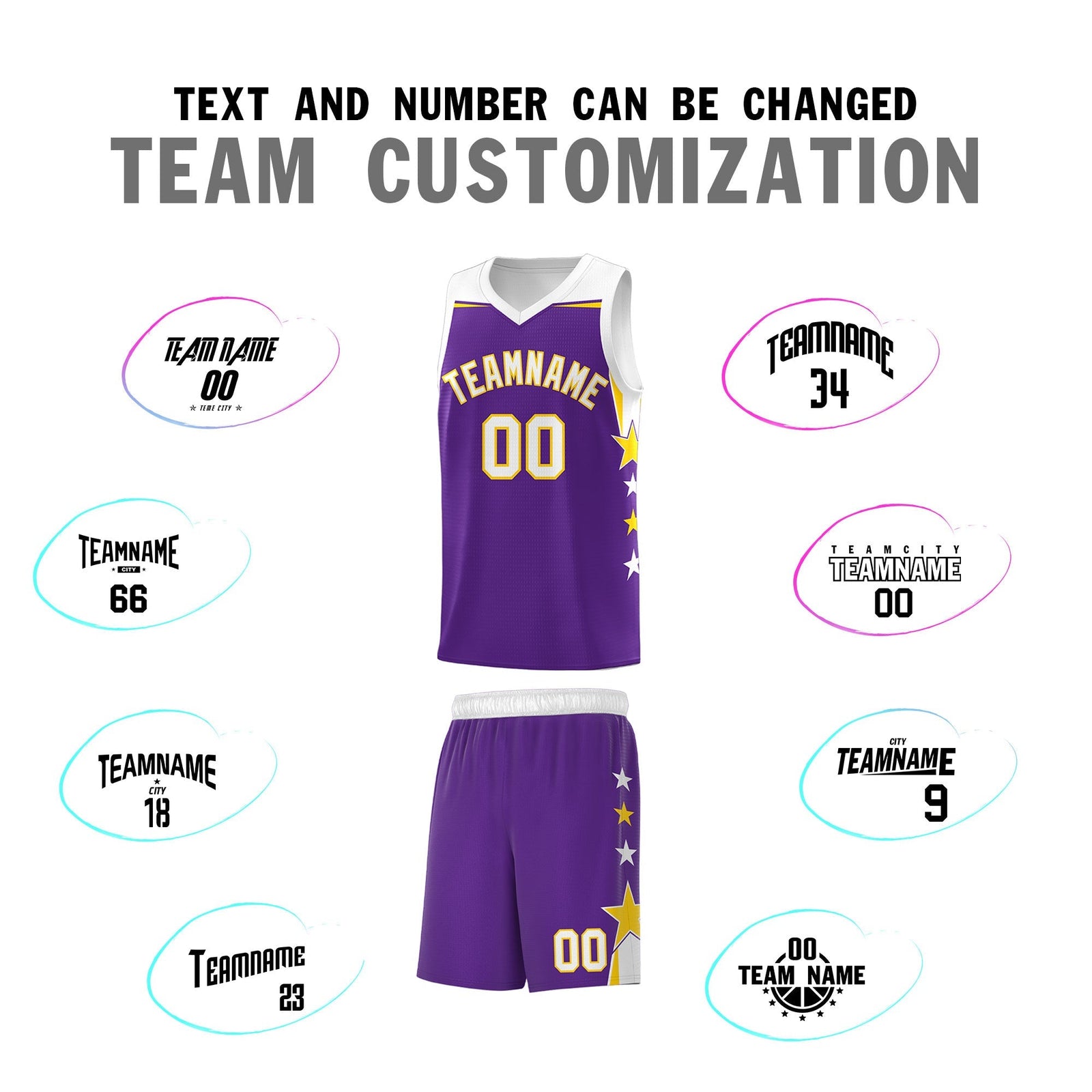 Custom Youth Basketball Uniform Purple White Two Tone Side Star Add Name Number & Logo