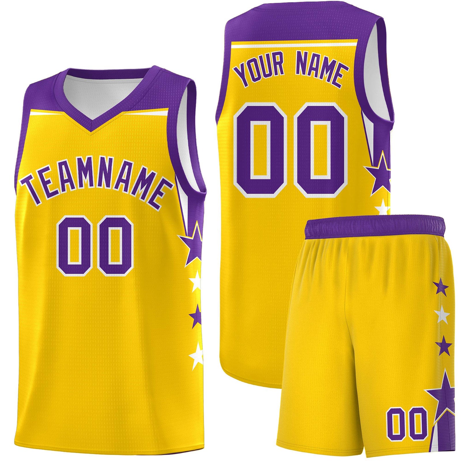Custom Youth Basketball Uniform Gold Purple Two Tone Side Star Personalized Team Jersey