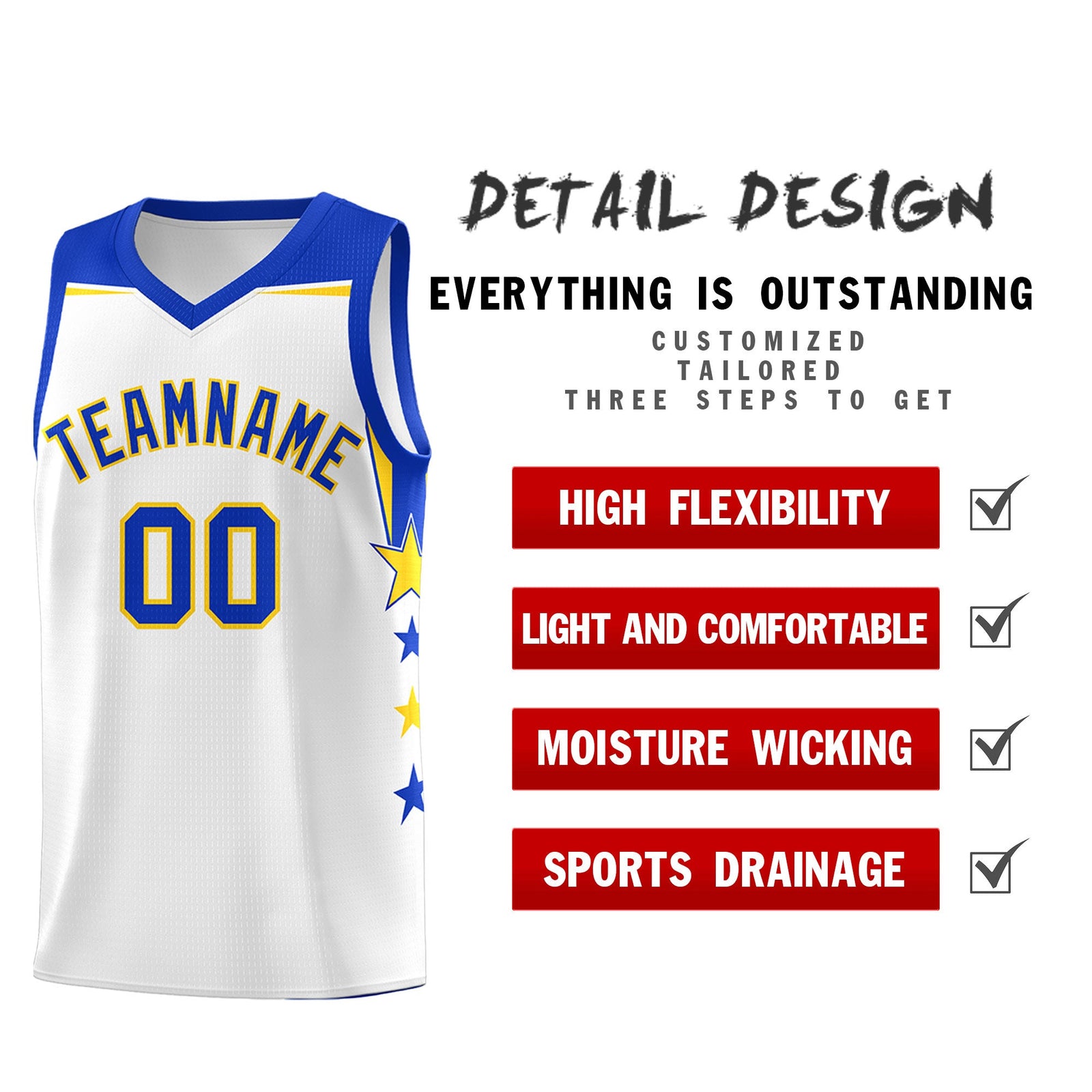 Custom Youth Basketball Uniform White Royal Two Tone Side Star Color Block Team Jersey