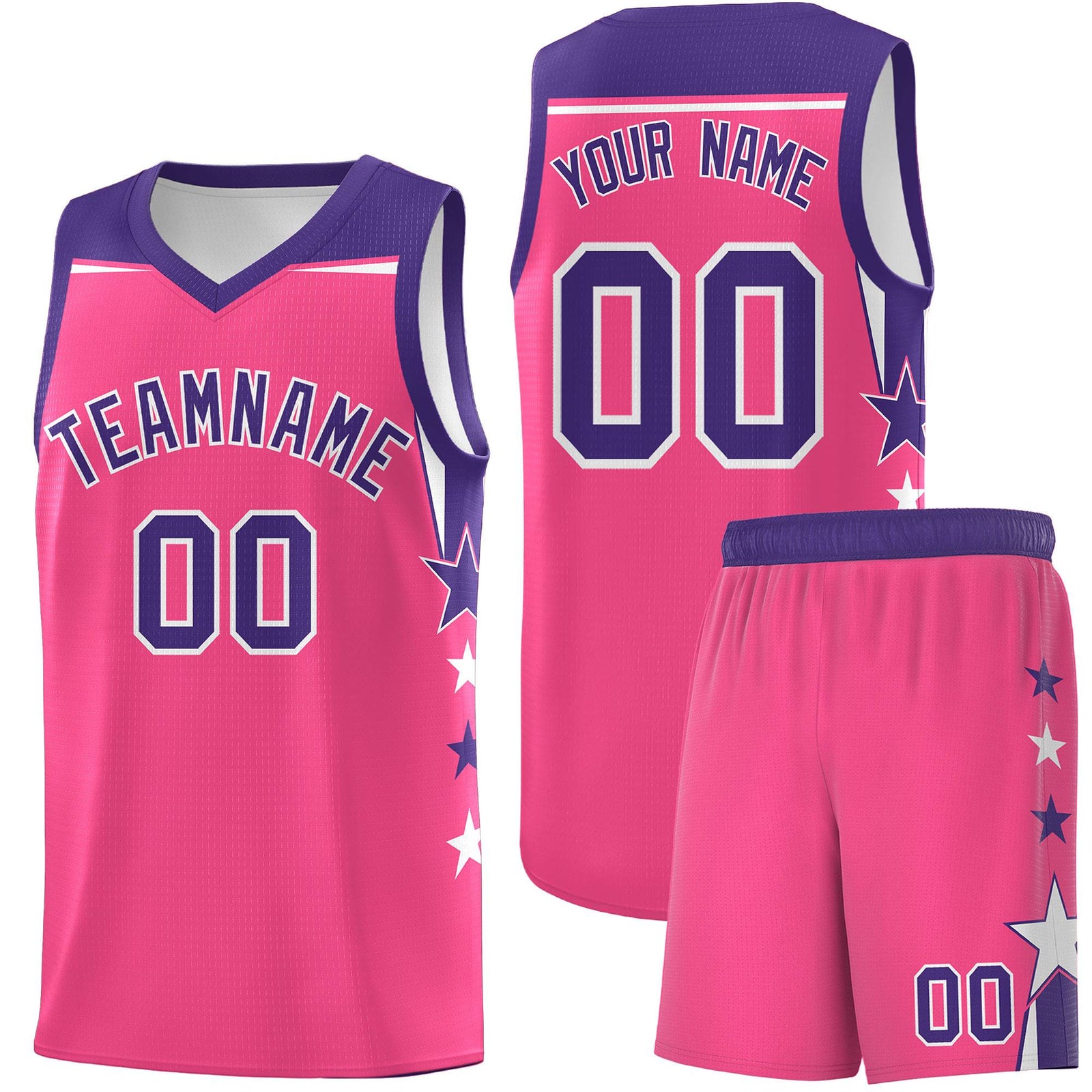 Custom Youth Basketball Uniform Pink Purple Two Tone Side Star Add Name Number & Logo