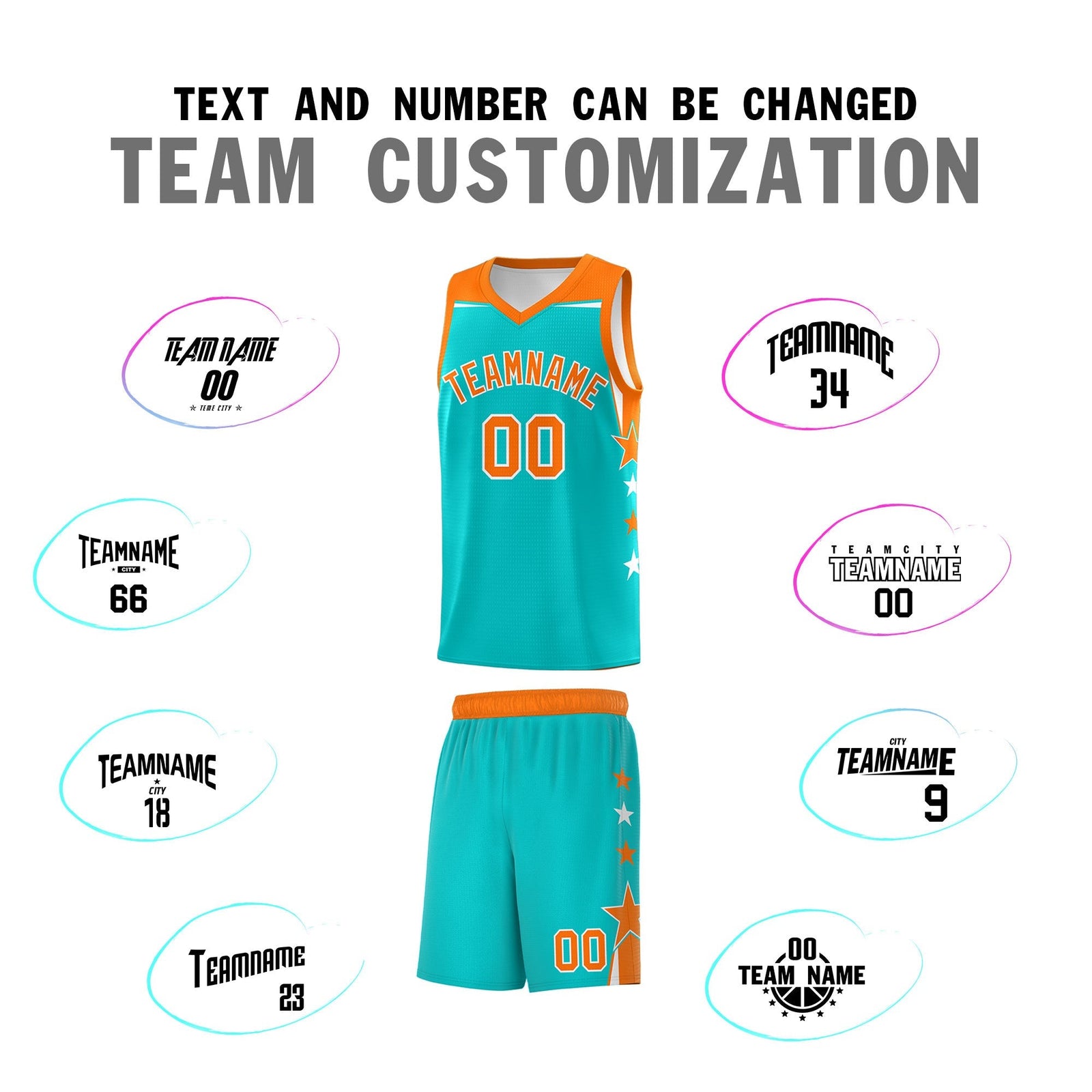 Custom Youth Basketball Uniform Aqua Orange Two Tone Side Star Personalized Team Jersey