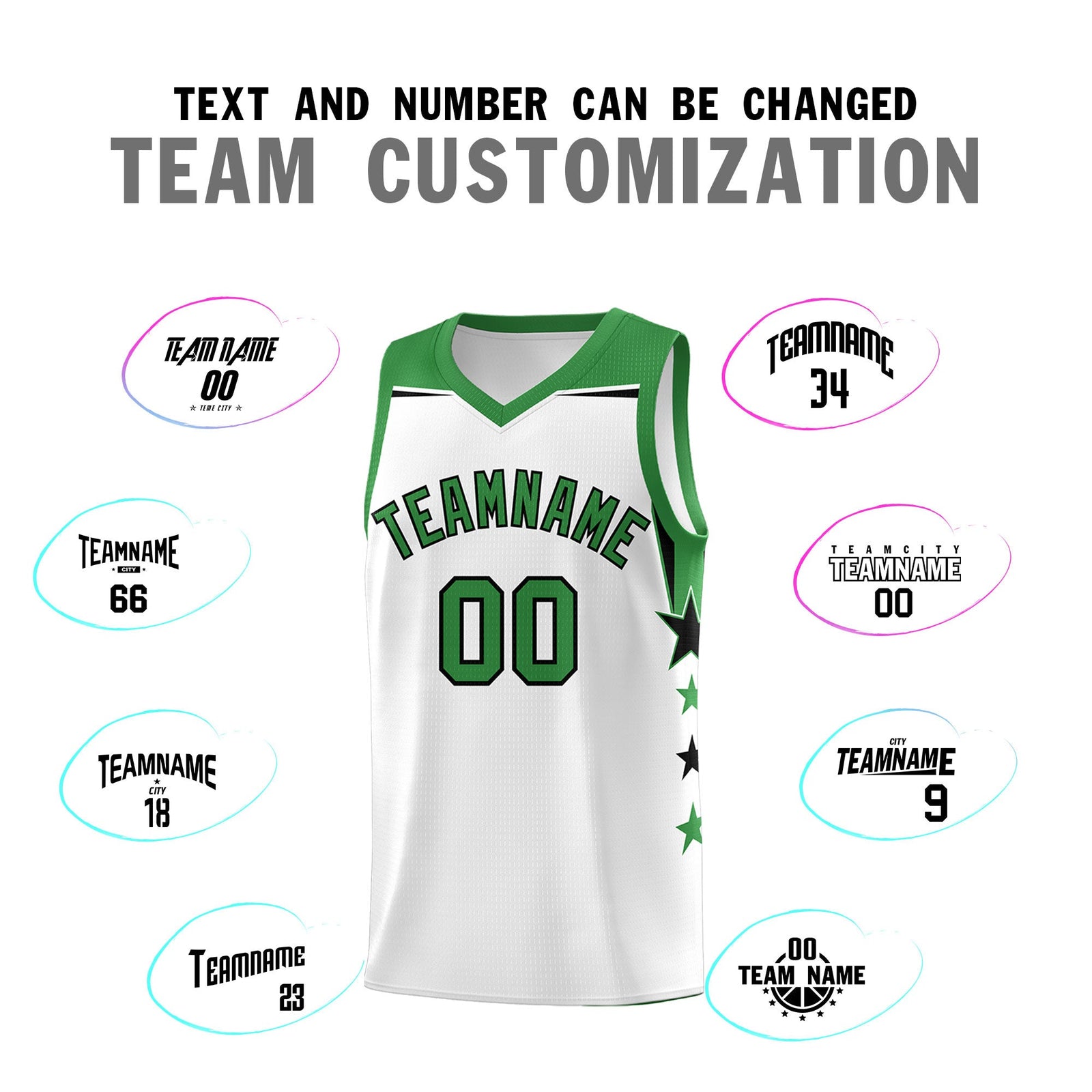Custom Youth Basketball Uniform White Kelly Green Two Tone Side Star Color Block Team Jersey