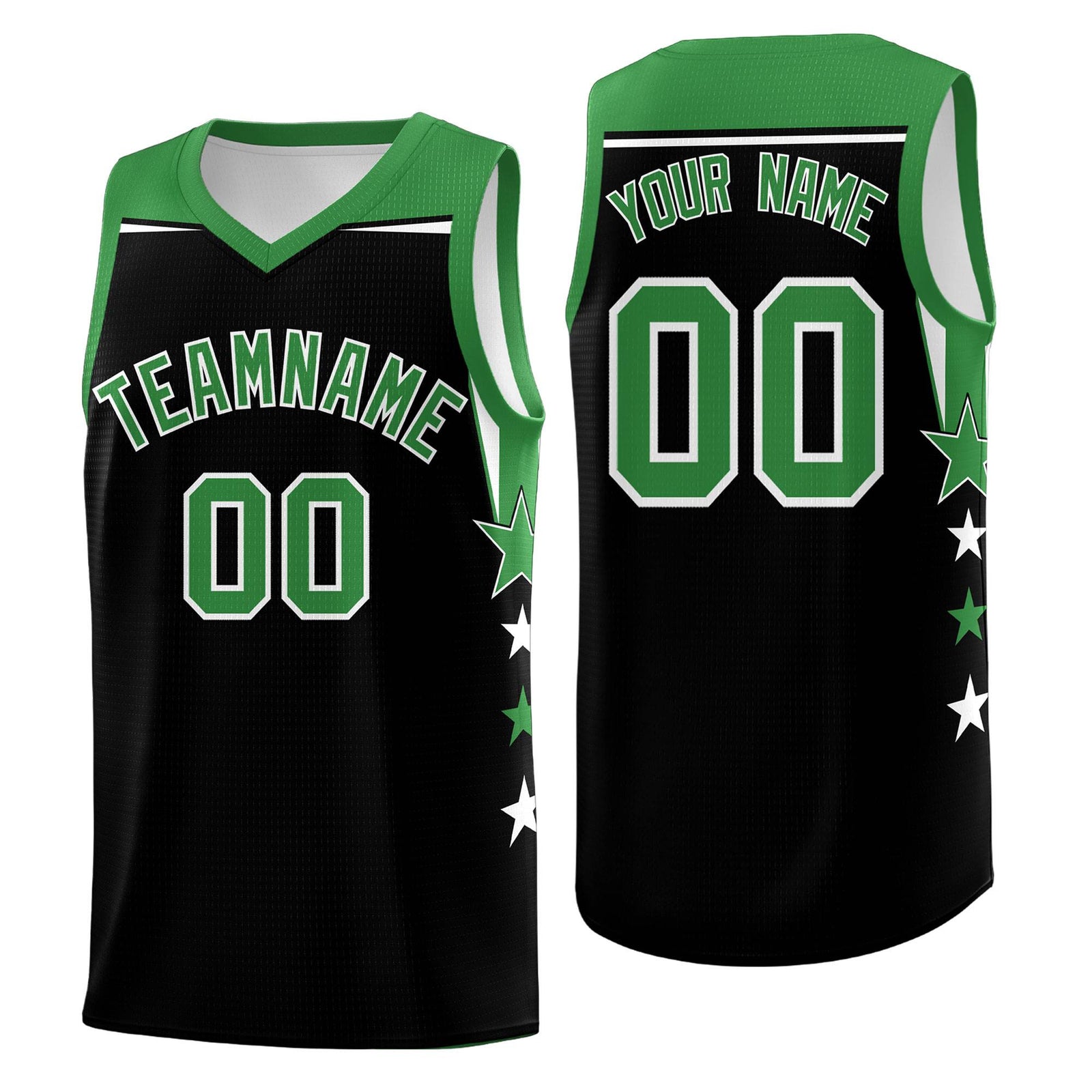 Custom Youth Basketball Uniform Black Kelly Green Two Tone Side Star Personalized Team Jersey