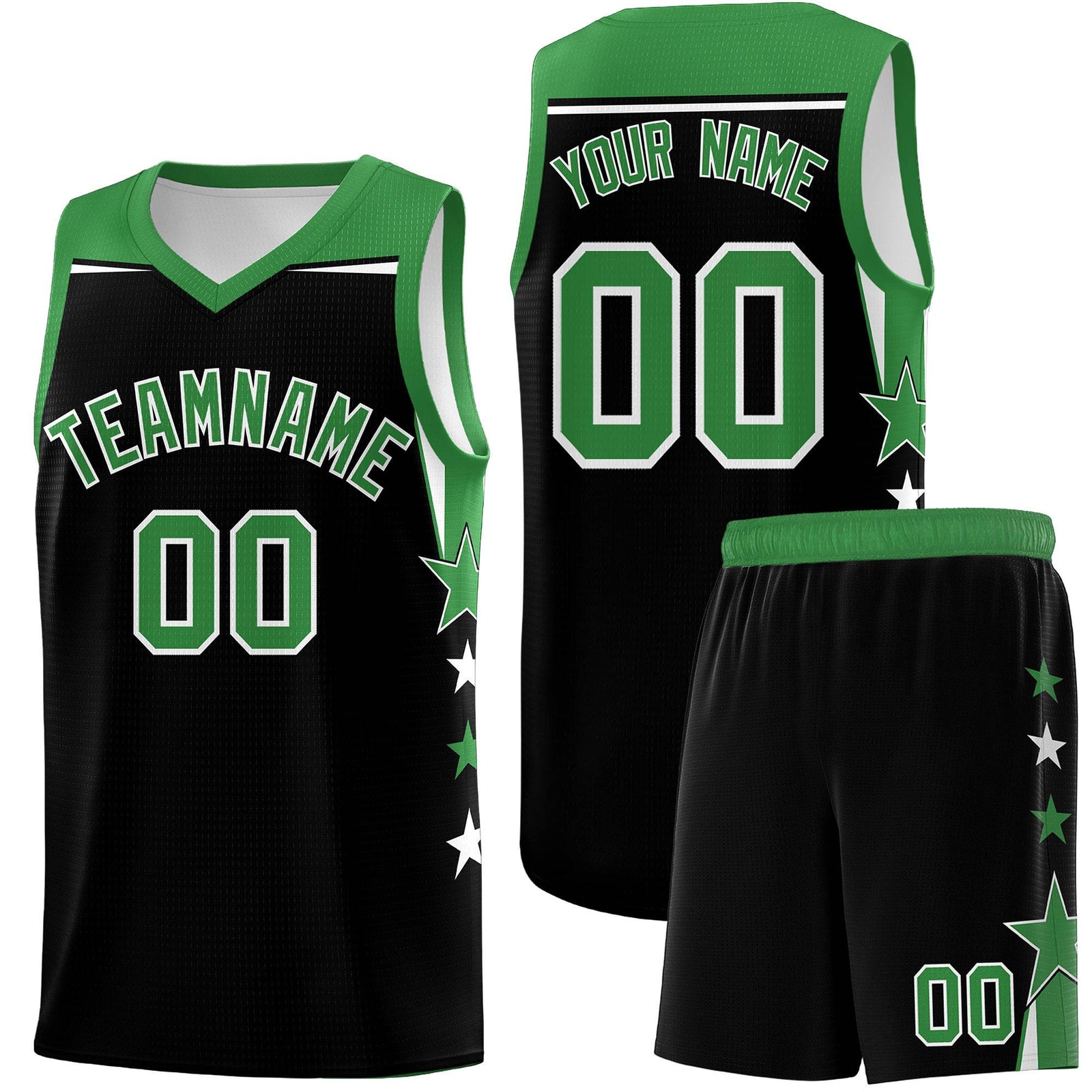 Custom Youth Basketball Uniform Black Kelly Green Two Tone Side Star Personalized Team Jersey