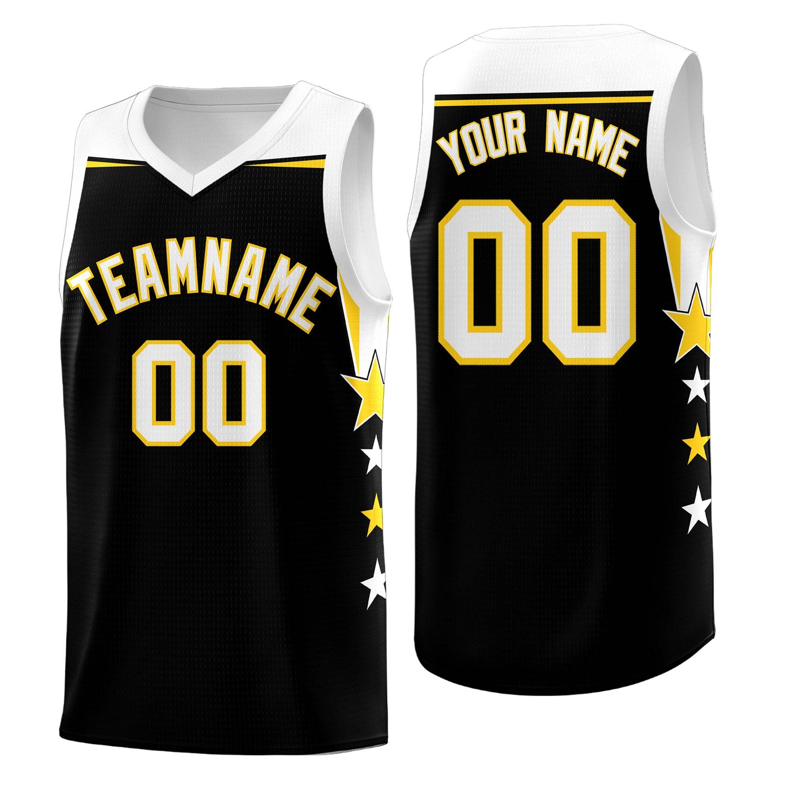 Custom Youth Basketball Uniform Black White Two Tone Side Star Add Name Number & Logo