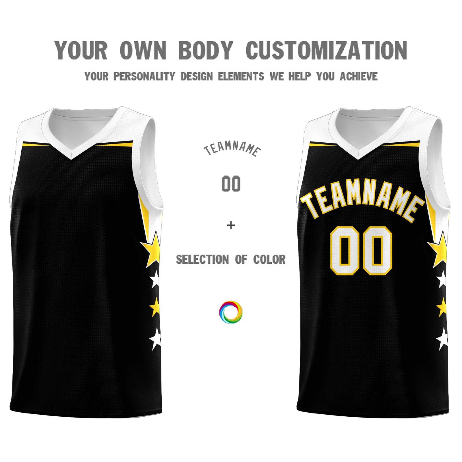 Custom Youth Basketball Uniform Black White Two Tone Side Star Add Name Number & Logo