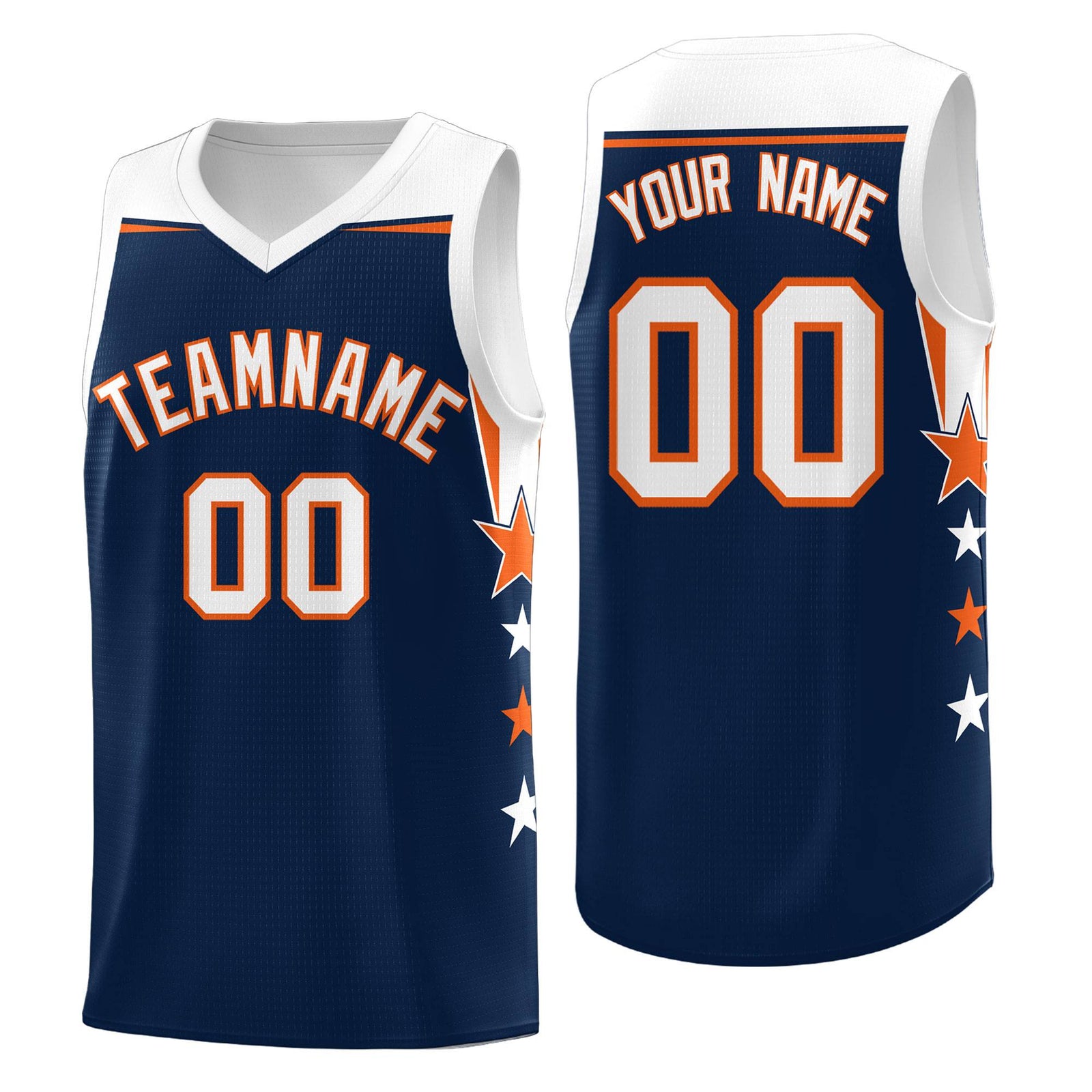 Custom Youth Basketball Uniform Navy White Two Tone Side Star Add Name Number & Logo
