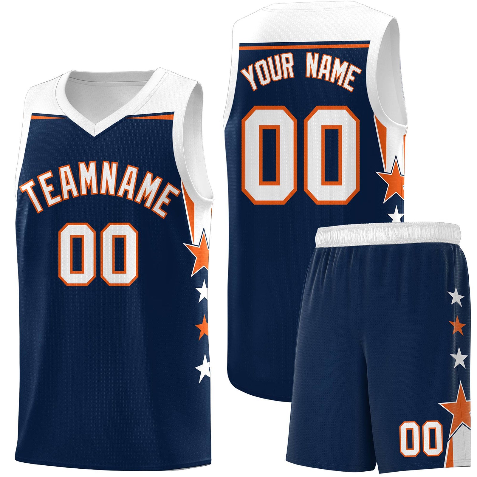 Custom Youth Basketball Uniform Navy White Two Tone Side Star Add Name Number & Logo