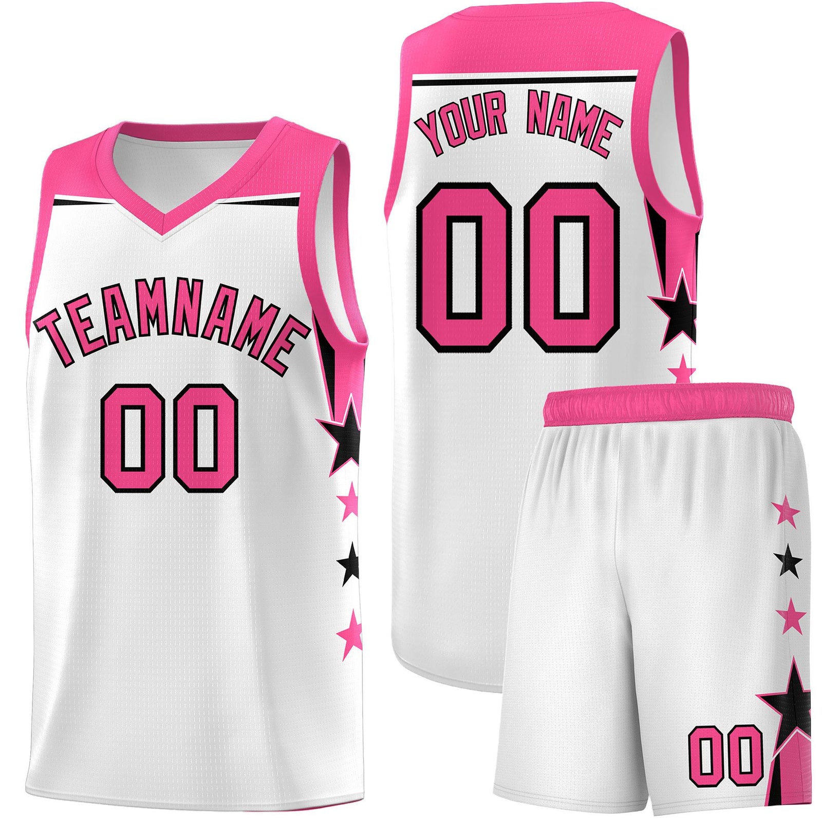 Custom Youth Basketball Uniform White Pink Two Tone Side Star Color Block Team Jersey