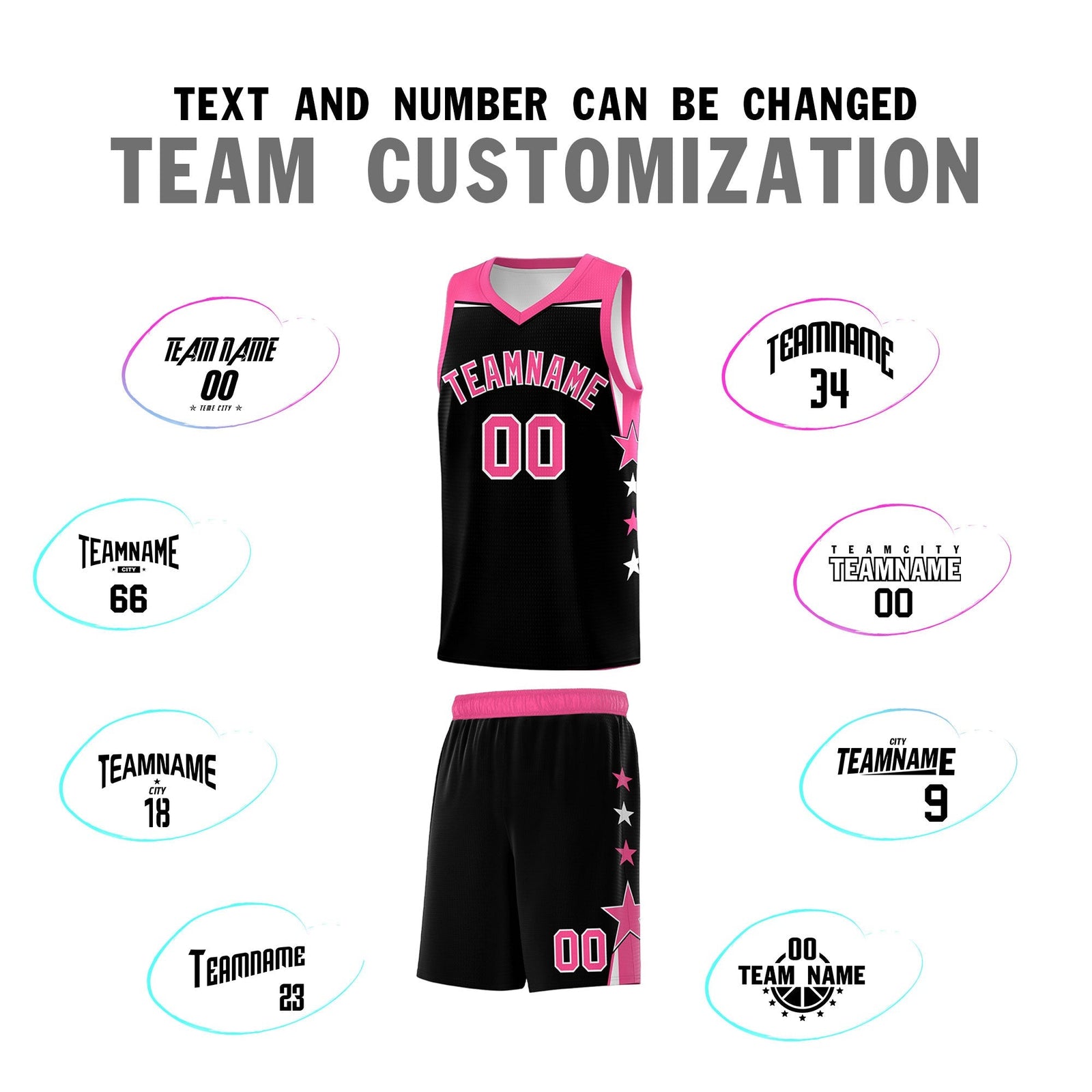 Custom Youth Basketball Uniform Black Pink Two Tone Side Star Personalized Team Jersey
