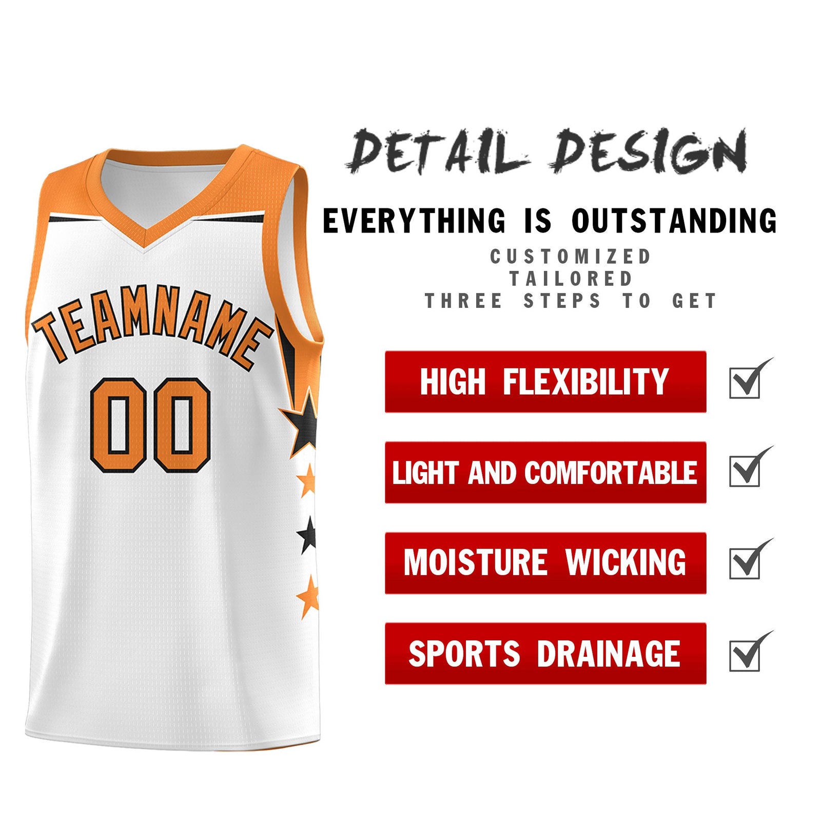 Custom Youth Basketball Uniform White Gold Orange Two Tone Side Star Color Block Team Jersey