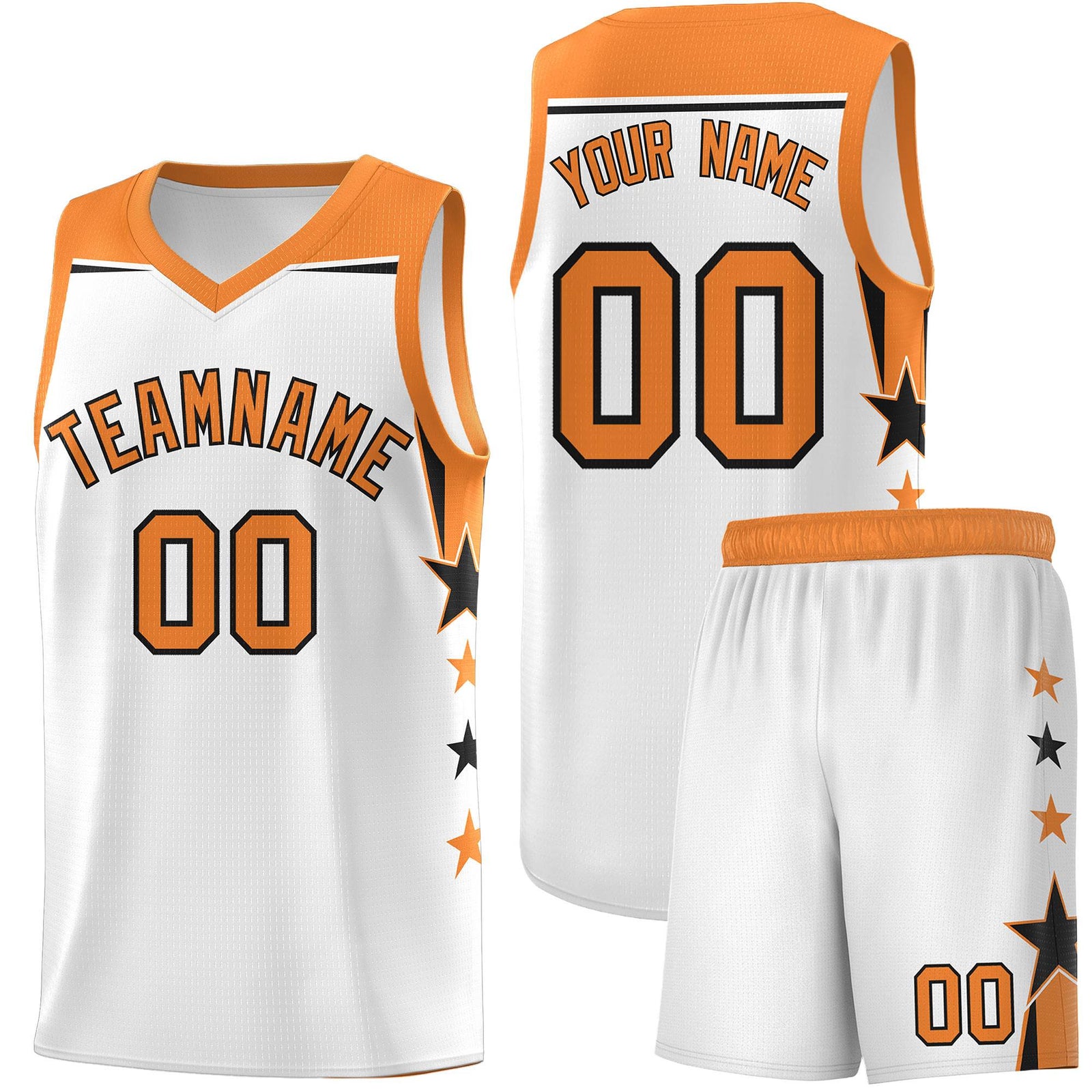 Custom Youth Basketball Uniform White Gold Orange Two Tone Side Star Color Block Team Jersey