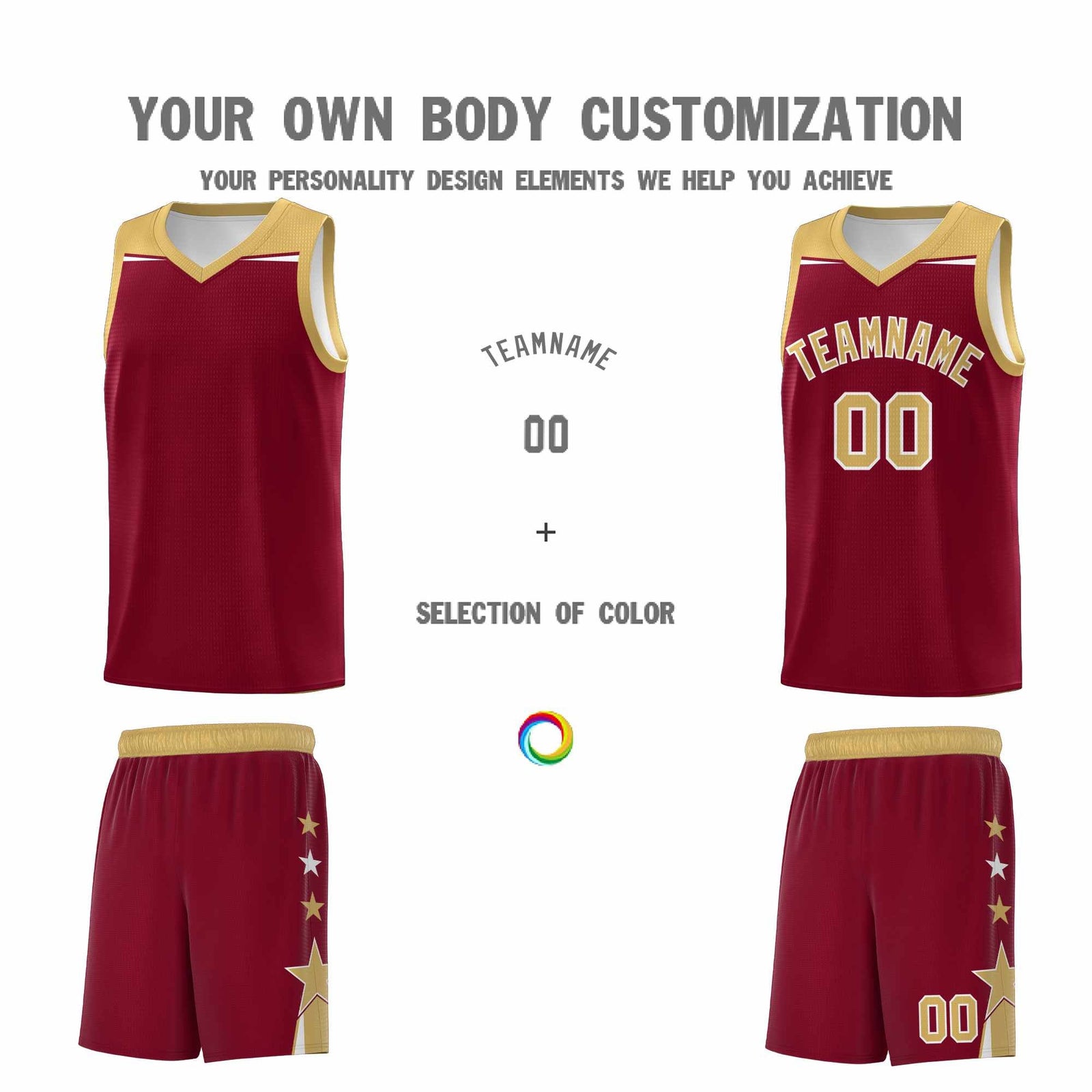 Custom Youth Basketball Uniform Crimson Old Gold Two Tone Side Star Color Block Team Jersey