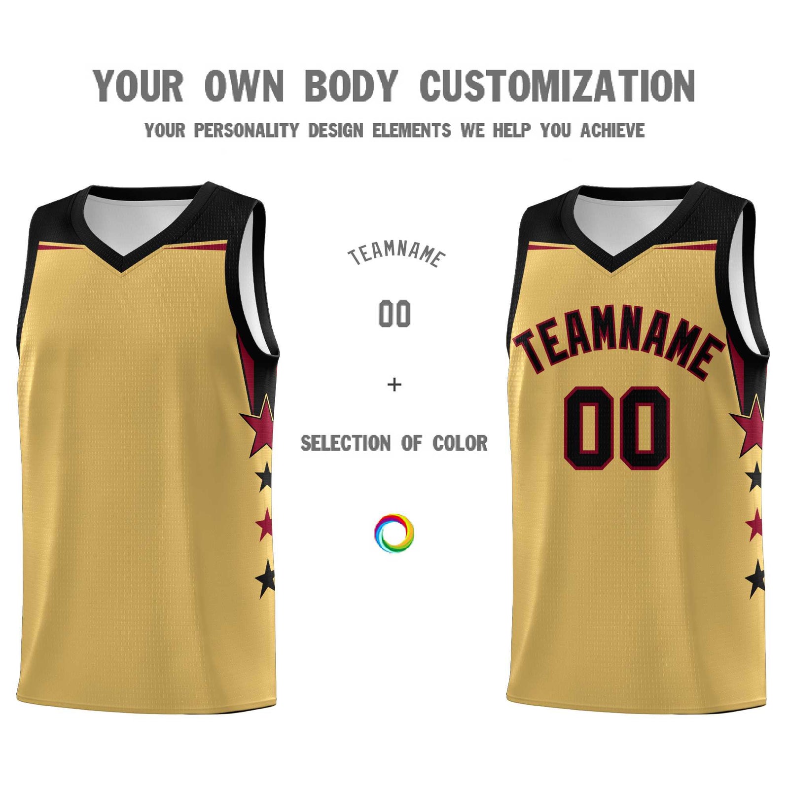 Custom Youth Basketball Uniform Old Gold Black Two Tone Side Star Personalized Team Jersey