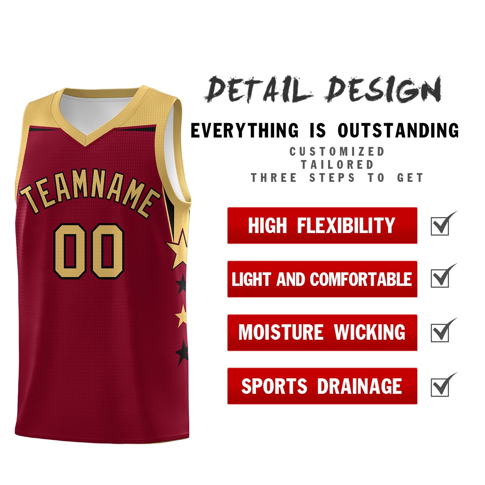 Custom Youth Basketball Uniform Crimson Old Gold Two Tone Side Star Color Block Team Jersey