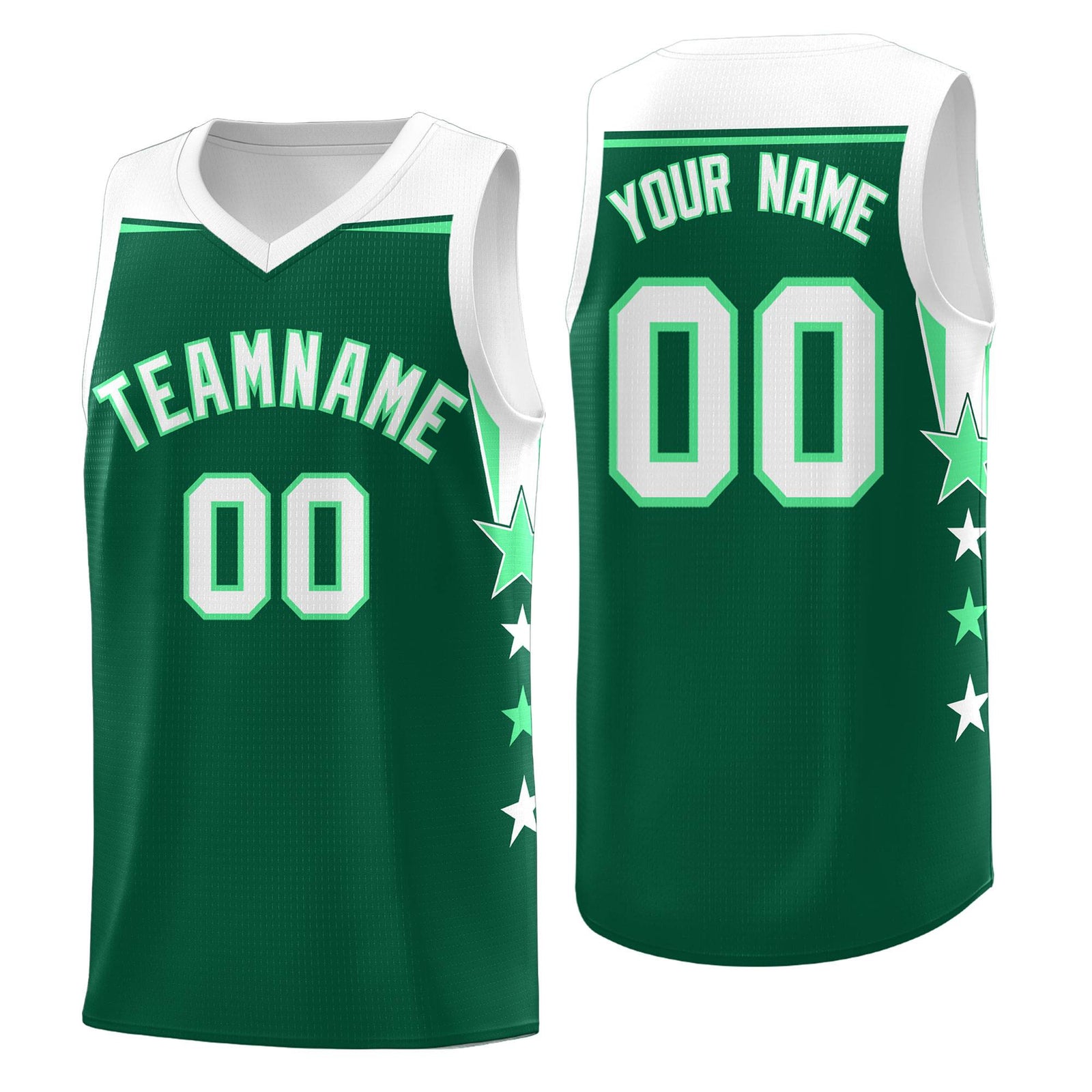 Custom Youth Basketball Uniform Kelly Green White Two Tone Side Star Personalized Team Jersey
