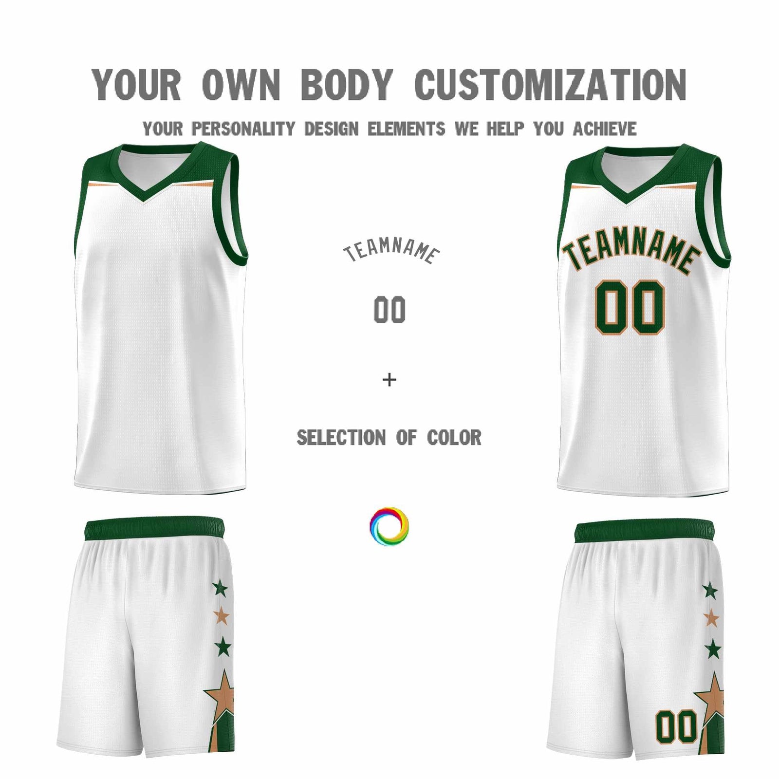 Custom Youth Basketball Uniform White Green Two Tone Side Star Add Name Number & Logo