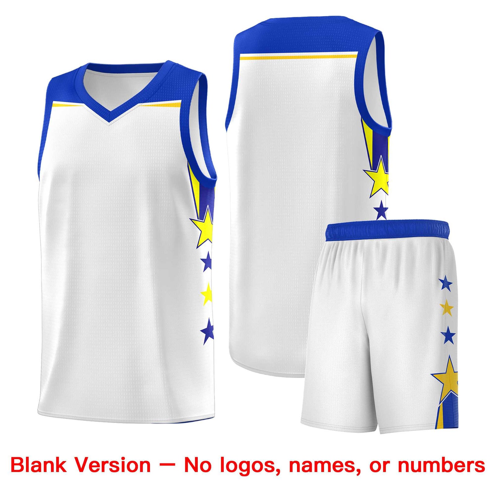 Custom Youth Basketball Uniform White Royal Two Tone Side Star Add Name Number & Logo