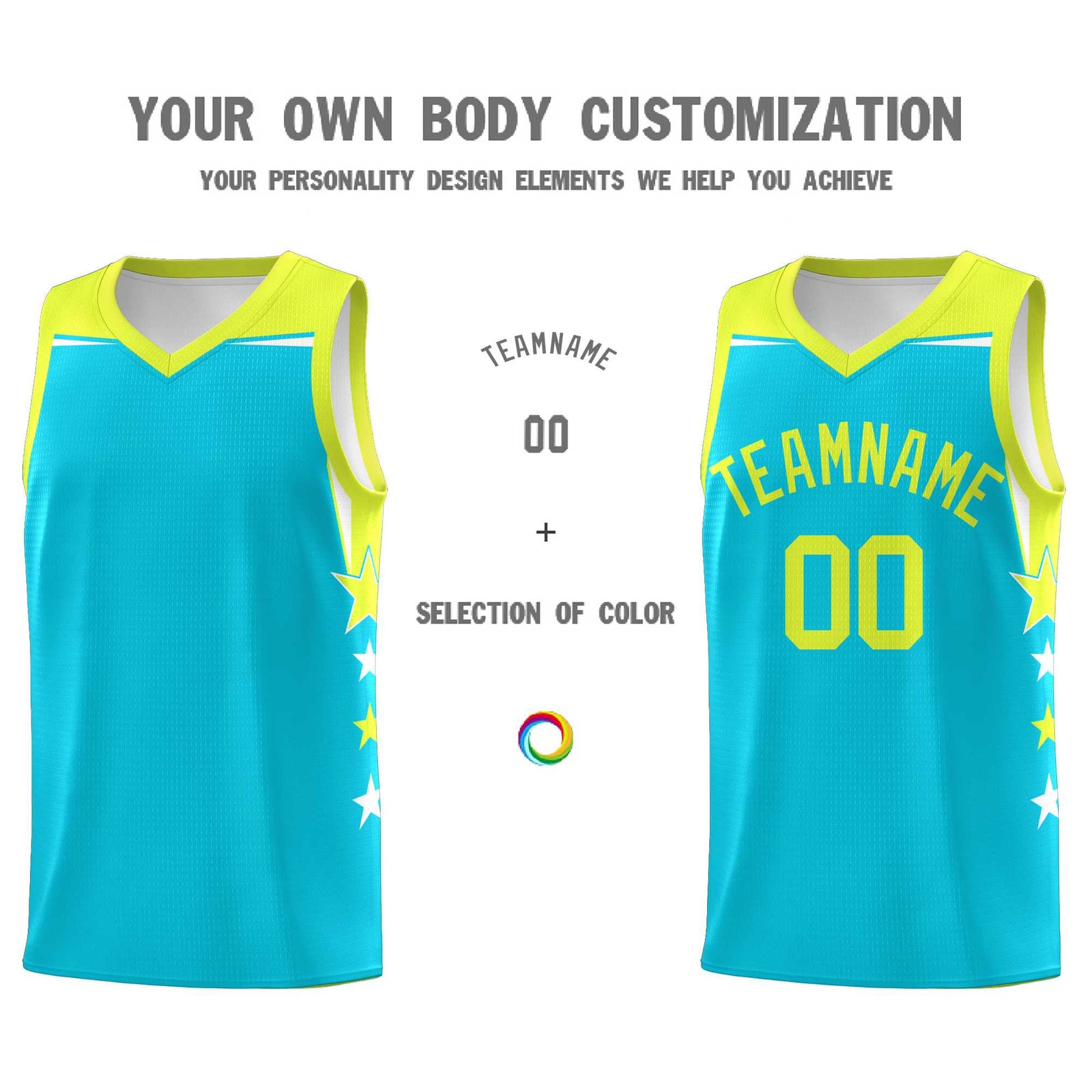 Custom Youth Basketball Uniform Sky Blue Fluorescent Green Two Tone Side Star Color Block Team Jersey