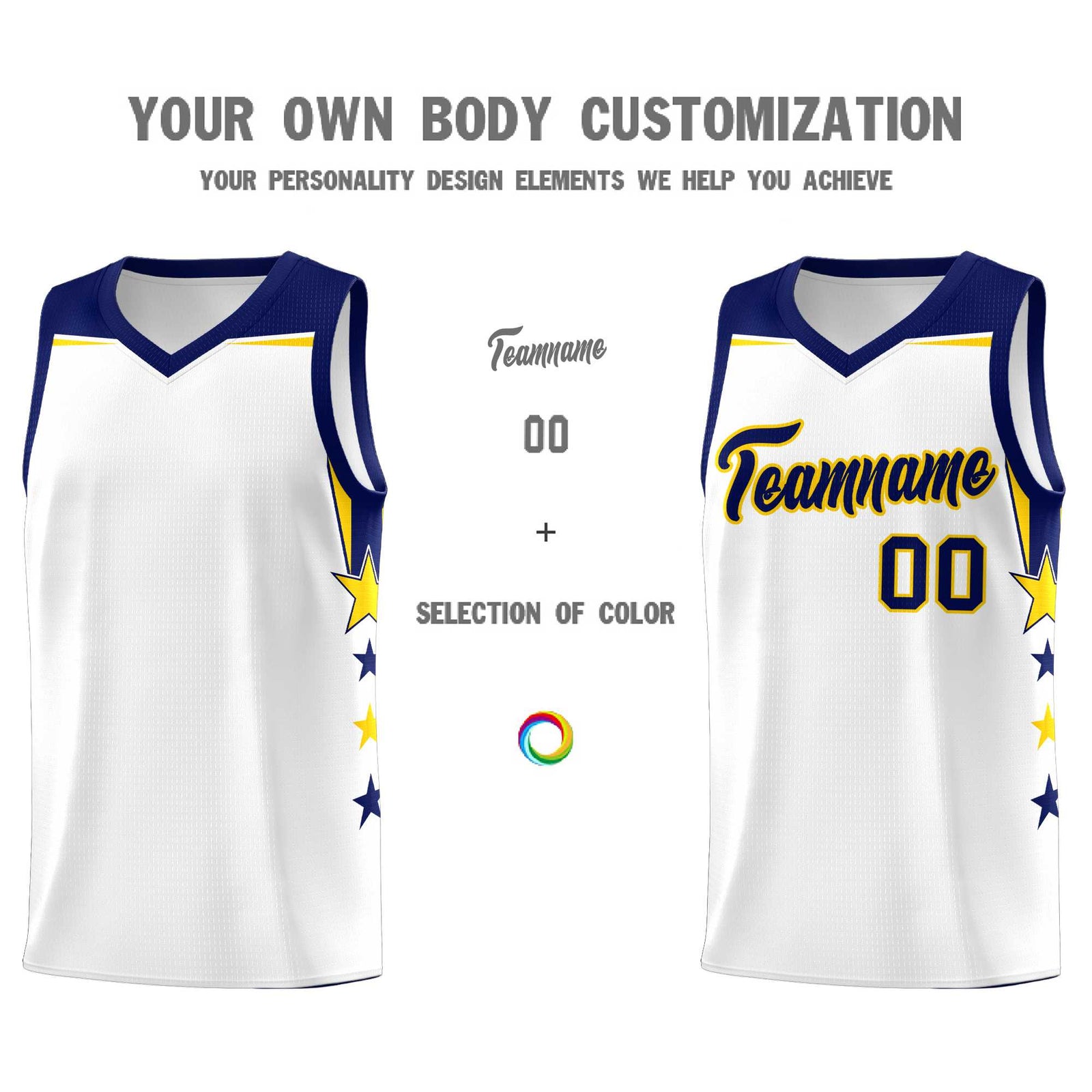 Custom Youth Basketball Uniform White Navy Two Tone Side Star Personalized Team Jersey