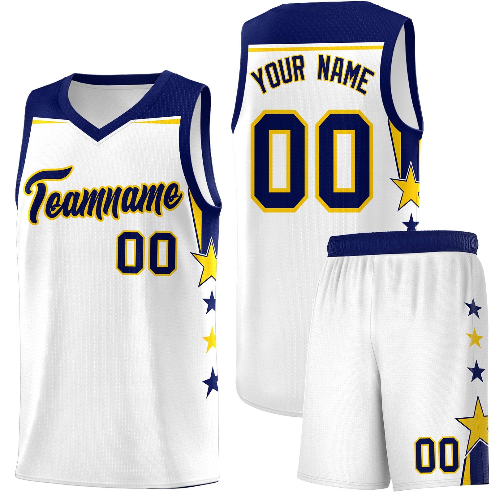 Custom Youth Basketball Uniform White Navy Two Tone Side Star Personalized Team Jersey