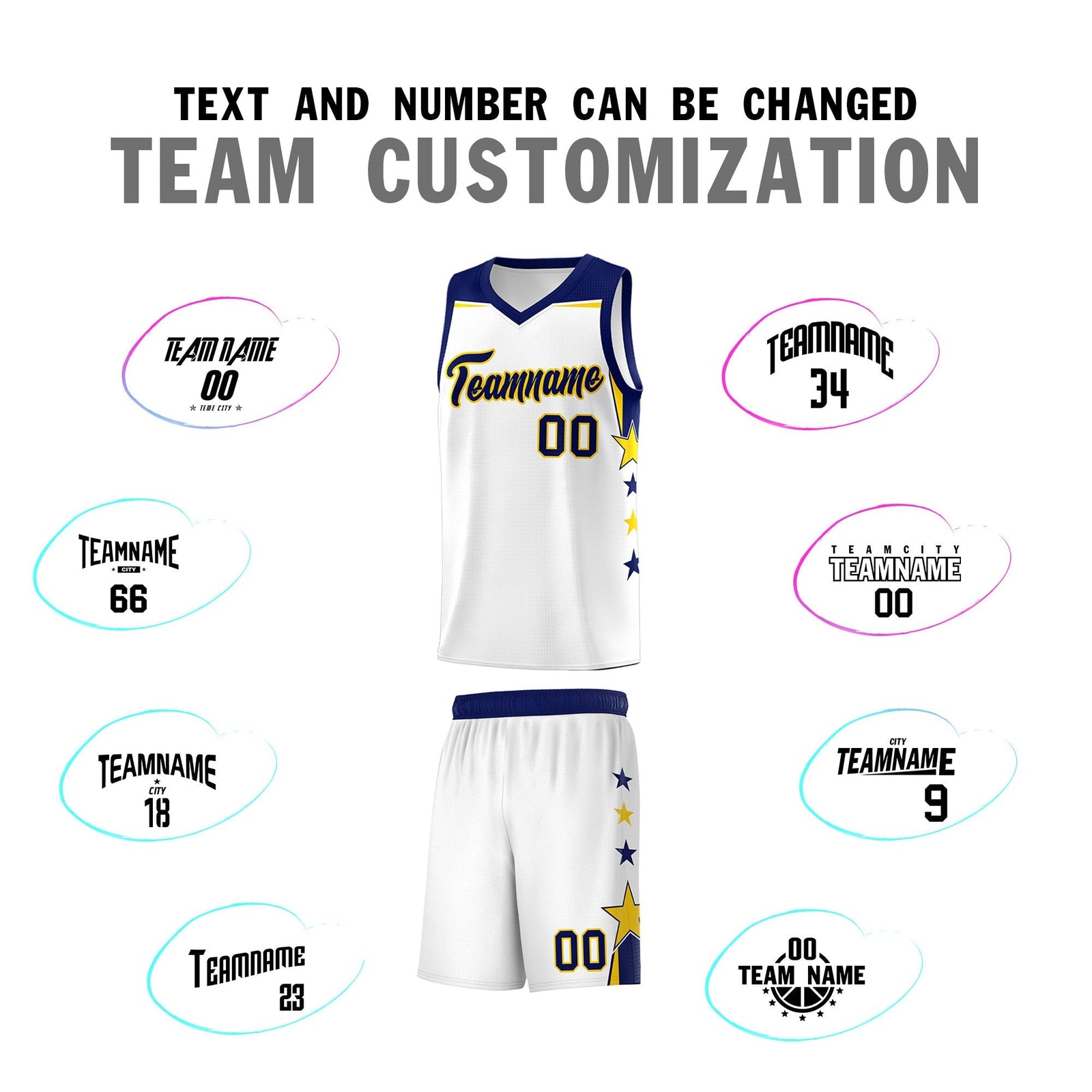 Custom Youth Basketball Uniform White Navy Two Tone Side Star Personalized Team Jersey