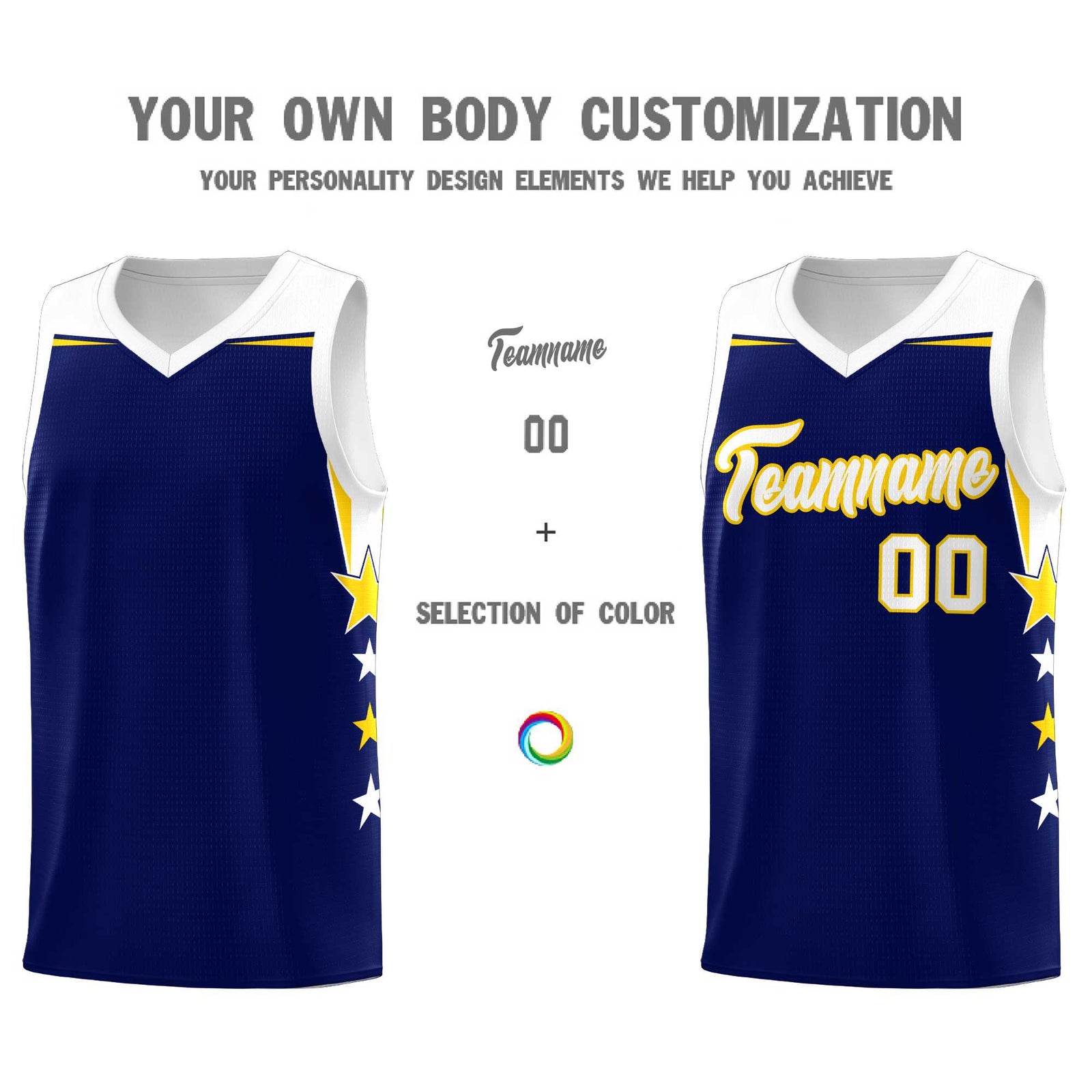Custom Youth Basketball Uniform Navy White Two Tone Side Star Add Name Number & Logo