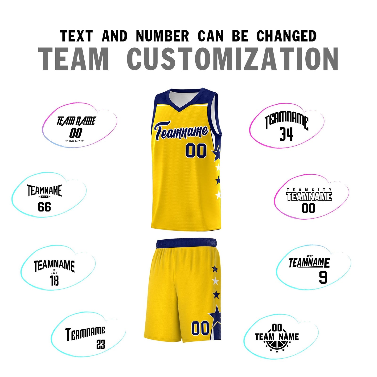 Custom Youth Basketball Uniform Gold Navy Two Tone Side Star Personalized Team Jersey