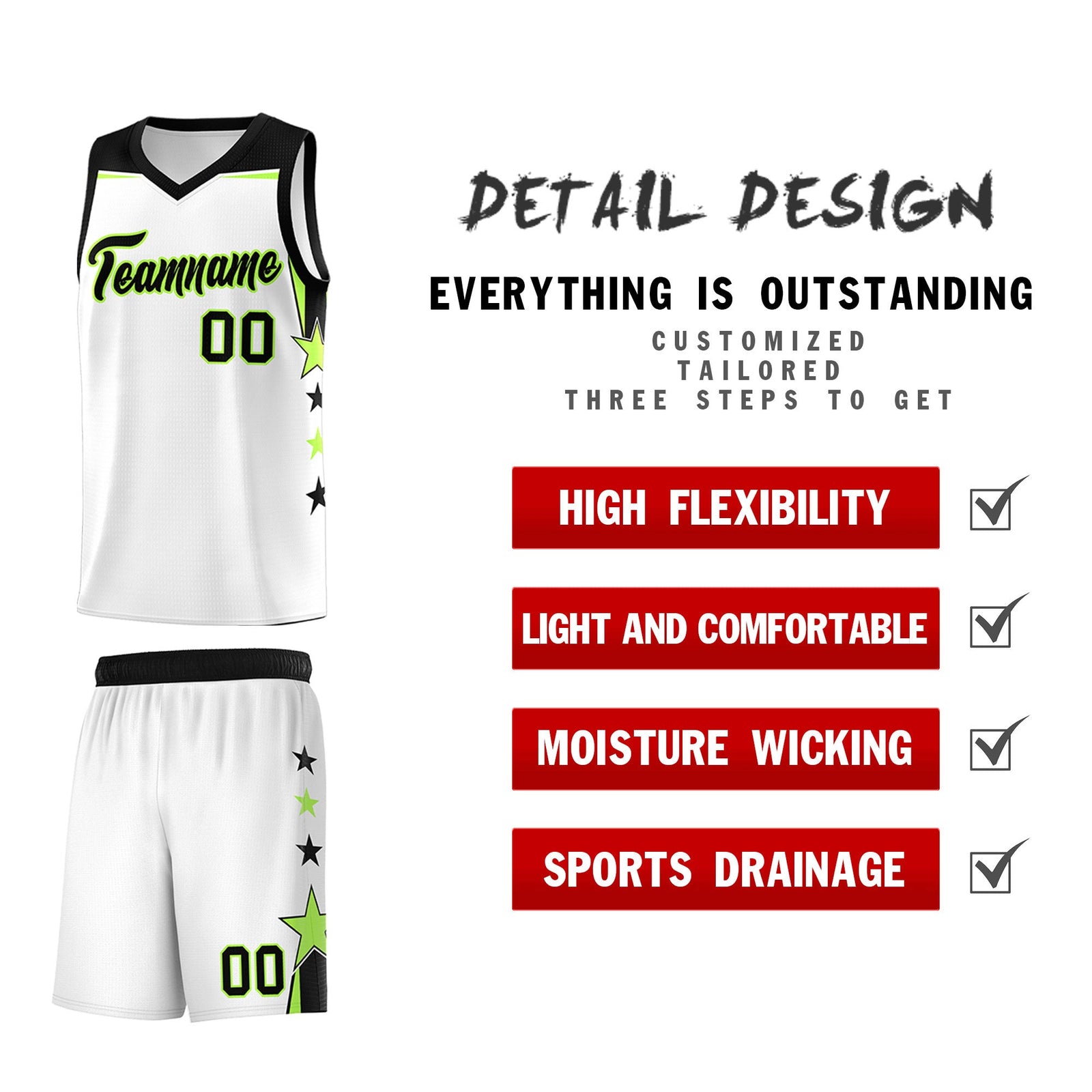 Custom Youth Basketball Uniform White Black Two Tone Side Star Add Name Number & Logo