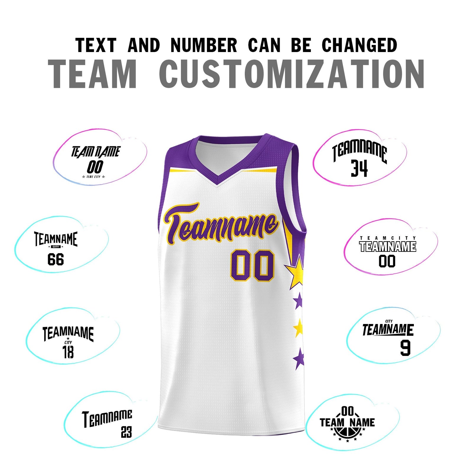 Custom Youth Basketball Uniform White Purple Two Tone Side Star Color Block Team Jersey