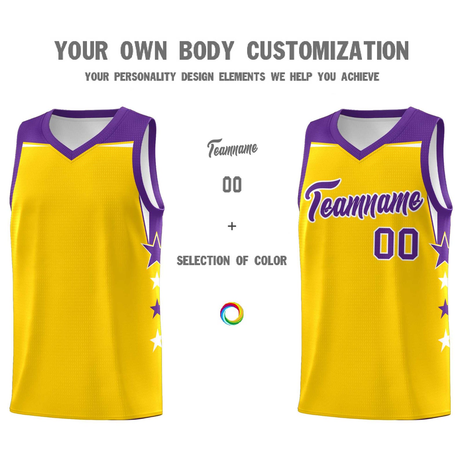 Custom Youth Basketball Uniform Gold Purple Two Tone Side Star Personalized Team Jersey