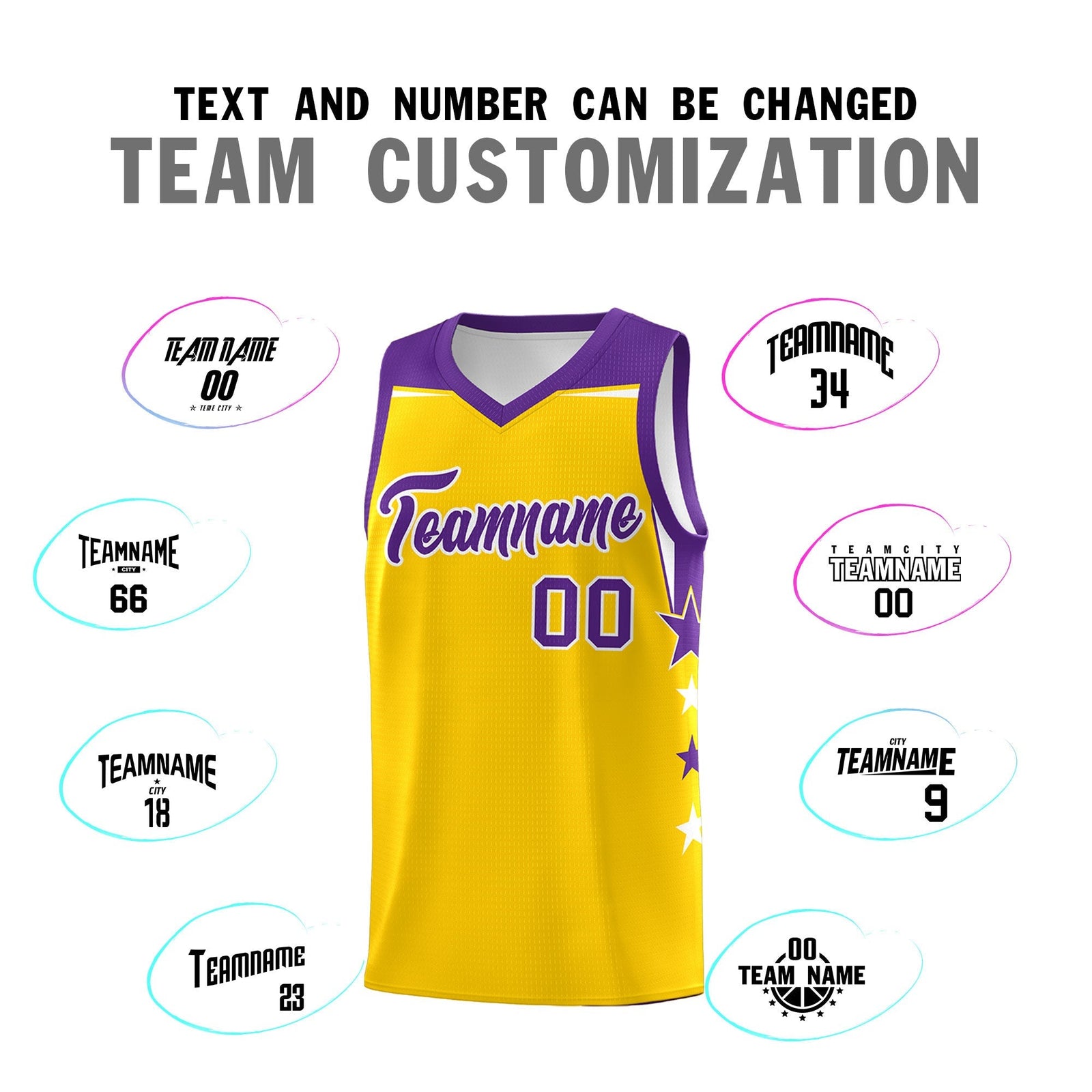 Custom Youth Basketball Uniform Gold Purple Two Tone Side Star Personalized Team Jersey