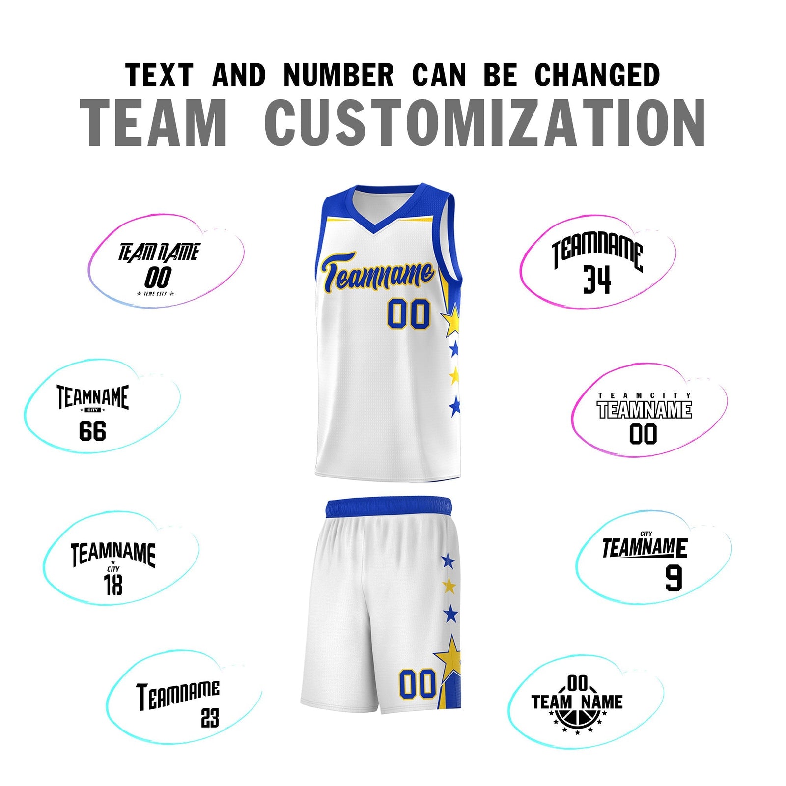 Custom Youth Basketball Uniform White Royal Two Tone Side Star Color Block Team Jersey