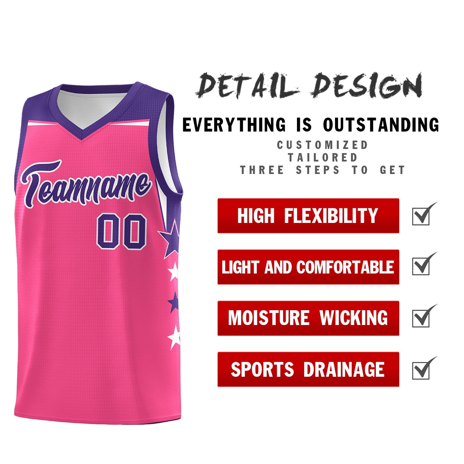 Custom Youth Basketball Uniform Pink Purple Two Tone Side Star Add Name Number & Logo