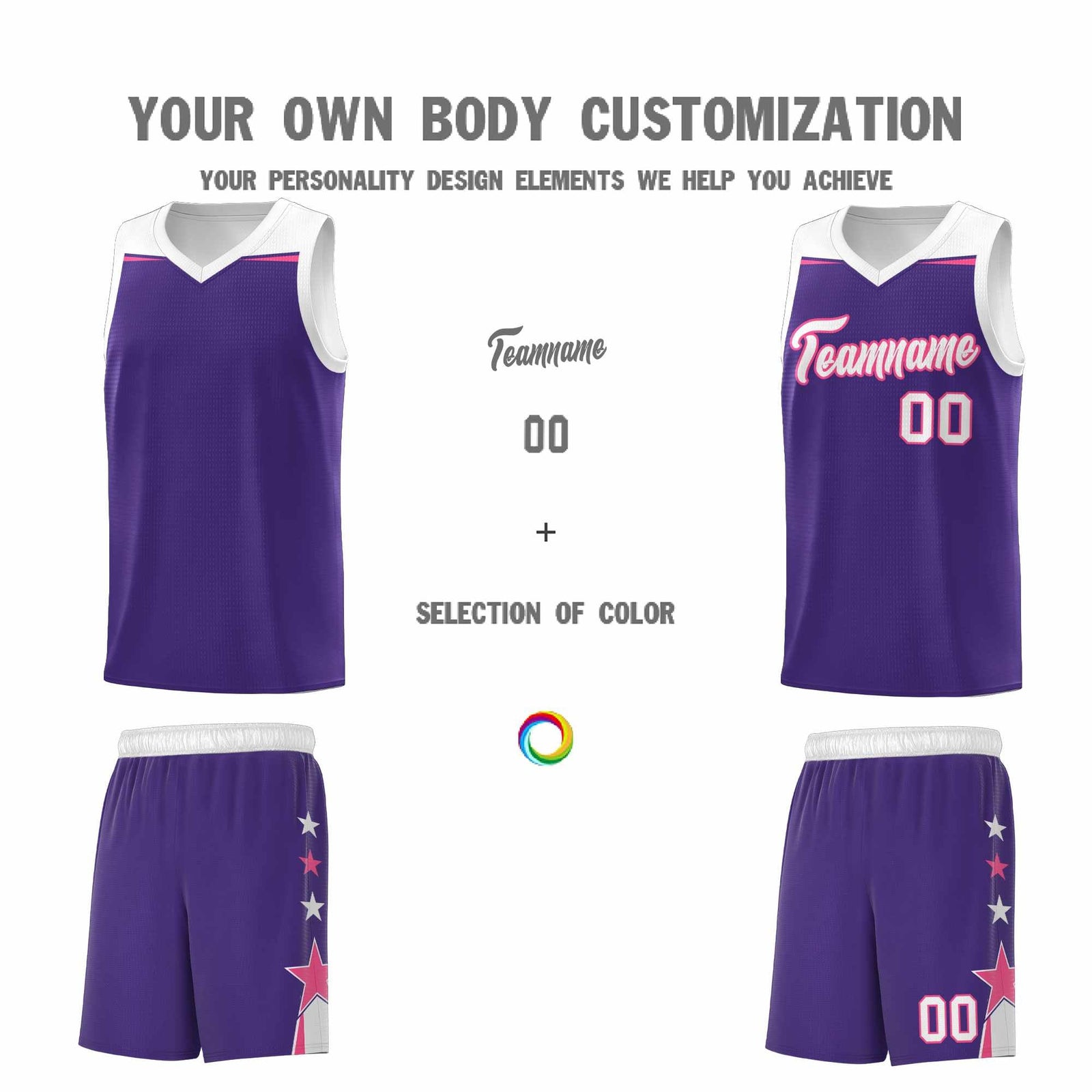 Custom Youth Basketball Uniform Purple White Two Tone Side Star Personalized Team Jersey