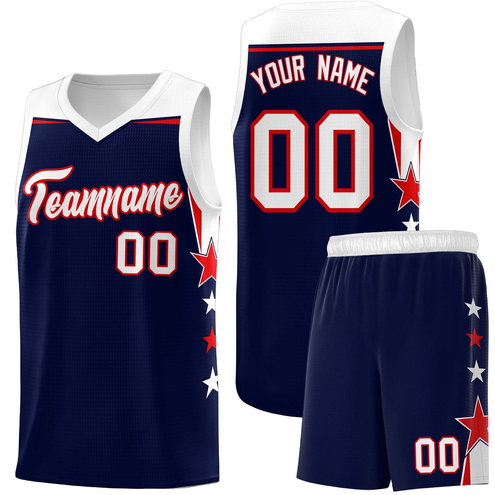 Custom Youth Basketball Uniform Navy White Two Tone Side Star Add Name Number & Logo