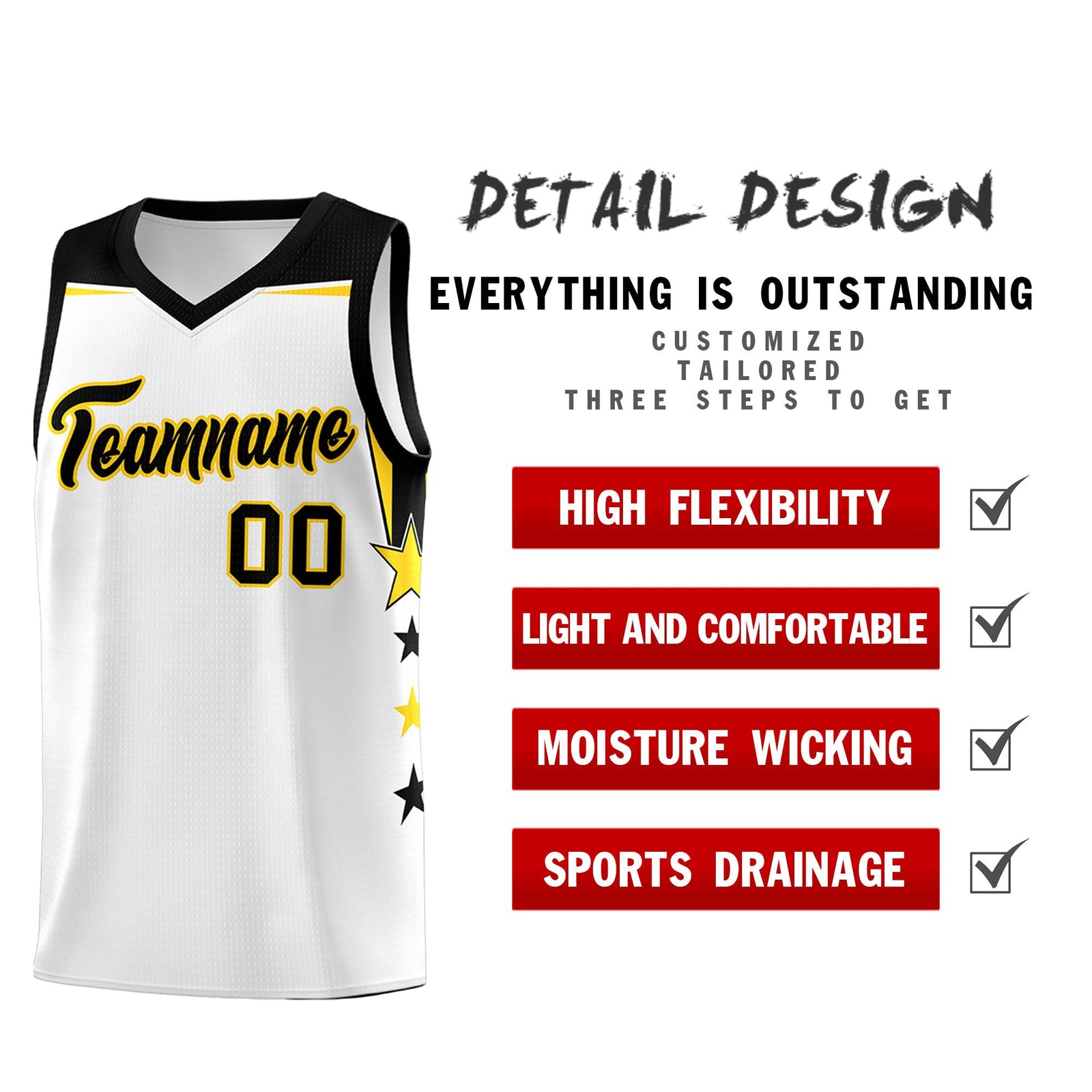 Custom Youth Basketball Uniform White Black Two Tone Side Star Color Block Team Jersey