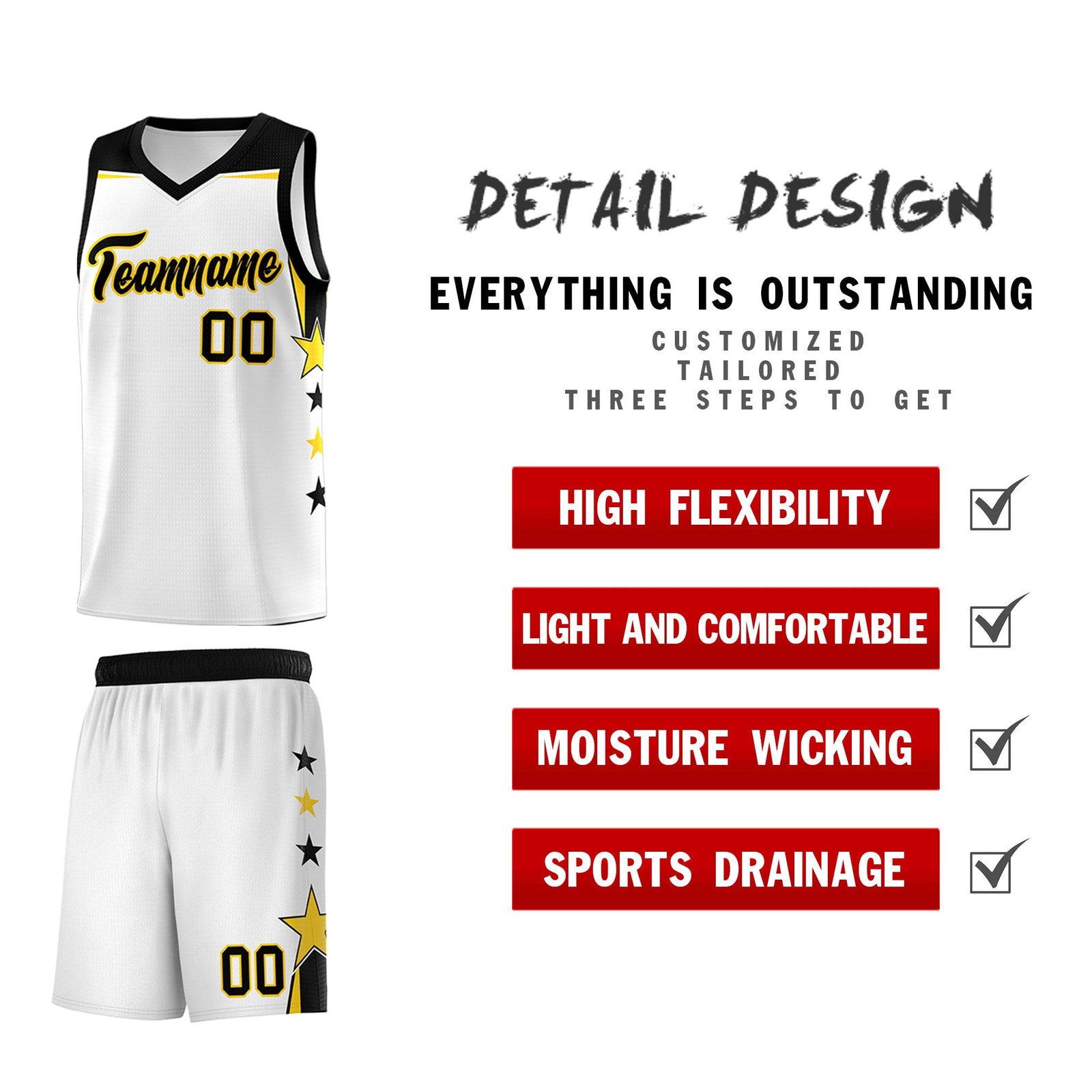 Custom Youth Basketball Uniform White Black Two Tone Side Star Color Block Team Jersey