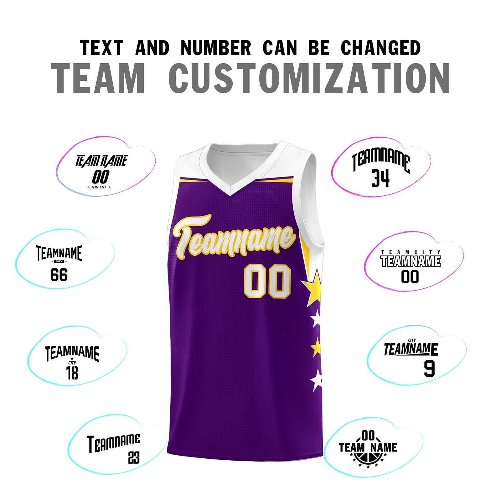 Custom Youth Basketball Uniform Purple White Two Tone Side Star Add Name Number & Logo