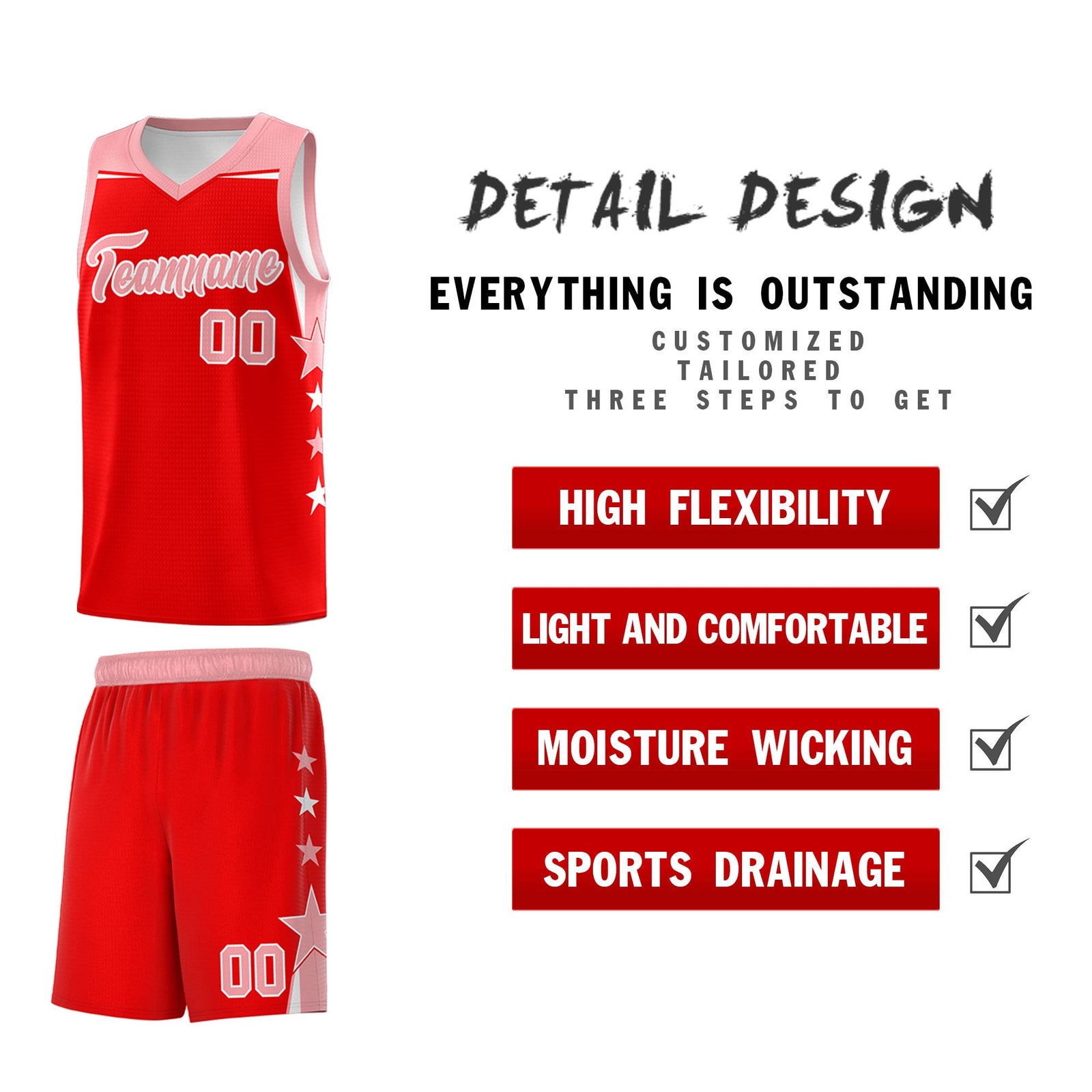 Custom Youth Basketball Uniform Light Red Light Pink Two Tone Side Star Personalized Team Jersey