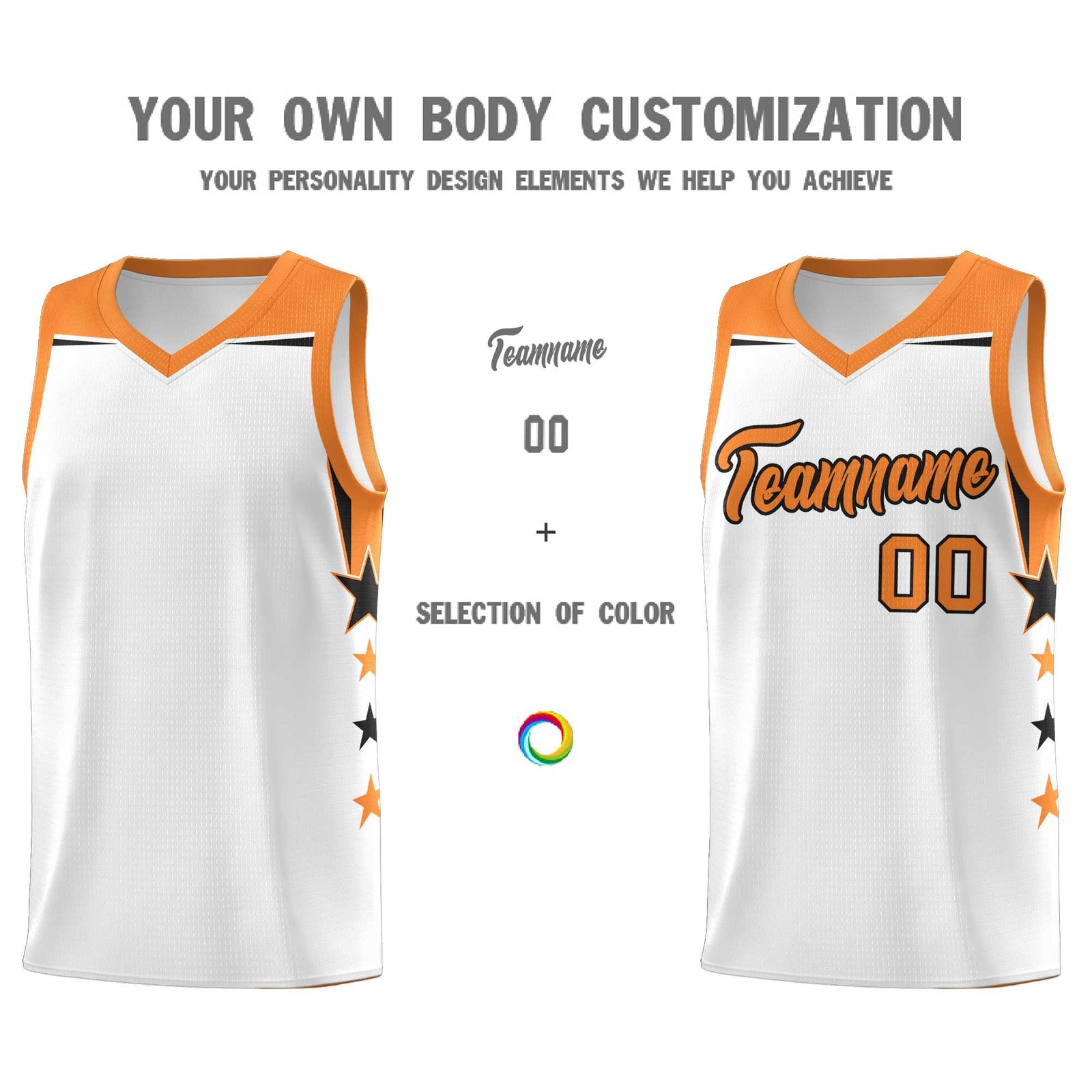 Custom Youth Basketball Uniform White Gold Orange Two Tone Side Star Color Block Team Jersey