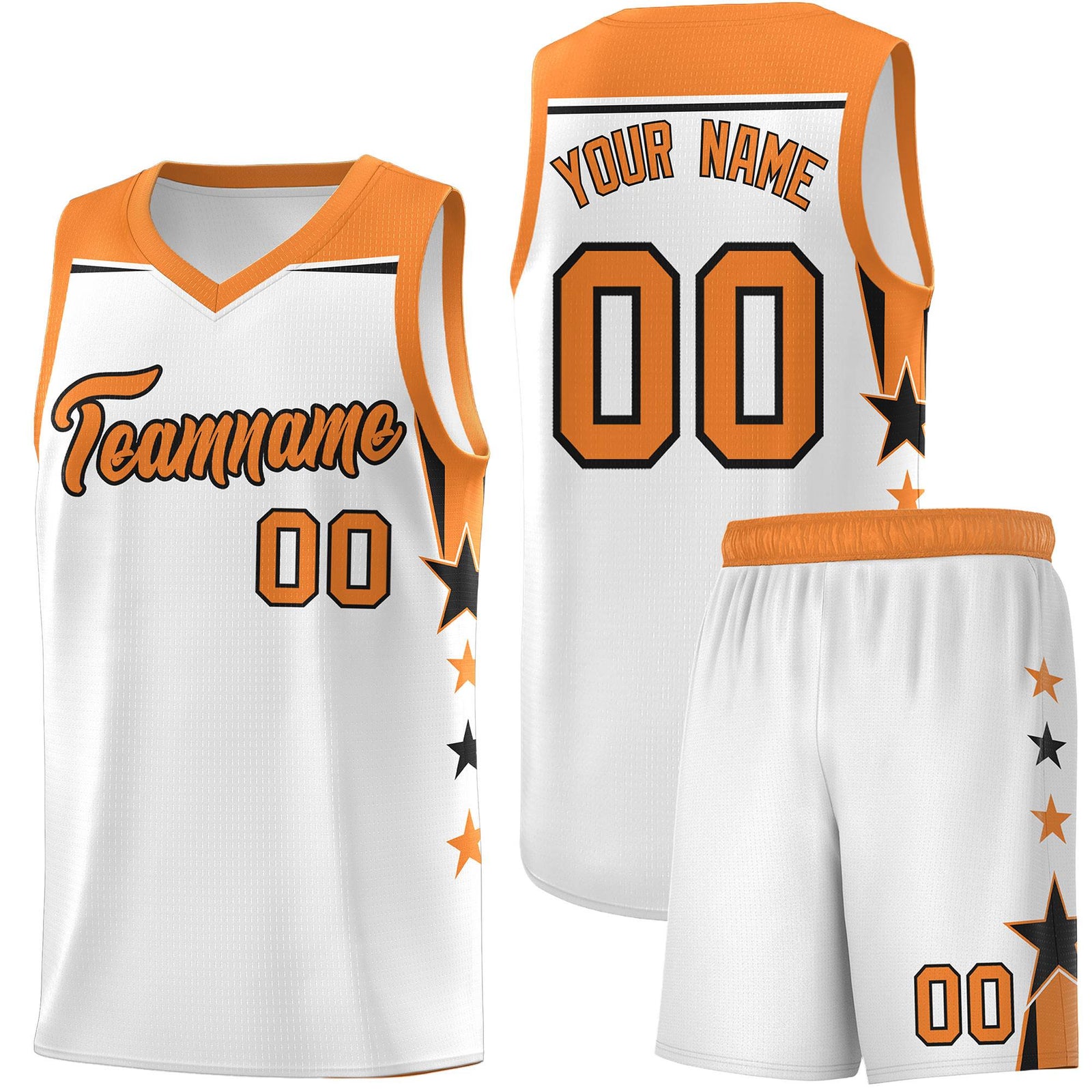 Custom Youth Basketball Uniform White Gold Orange Two Tone Side Star Color Block Team Jersey