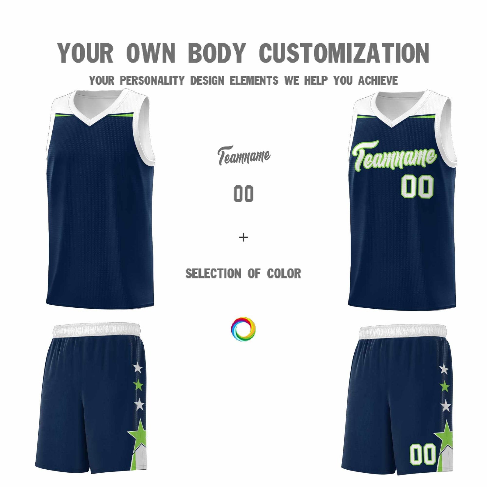 Custom Youth Basketball Uniform Navy White Two Tone Side Star Add Name Number & Logo