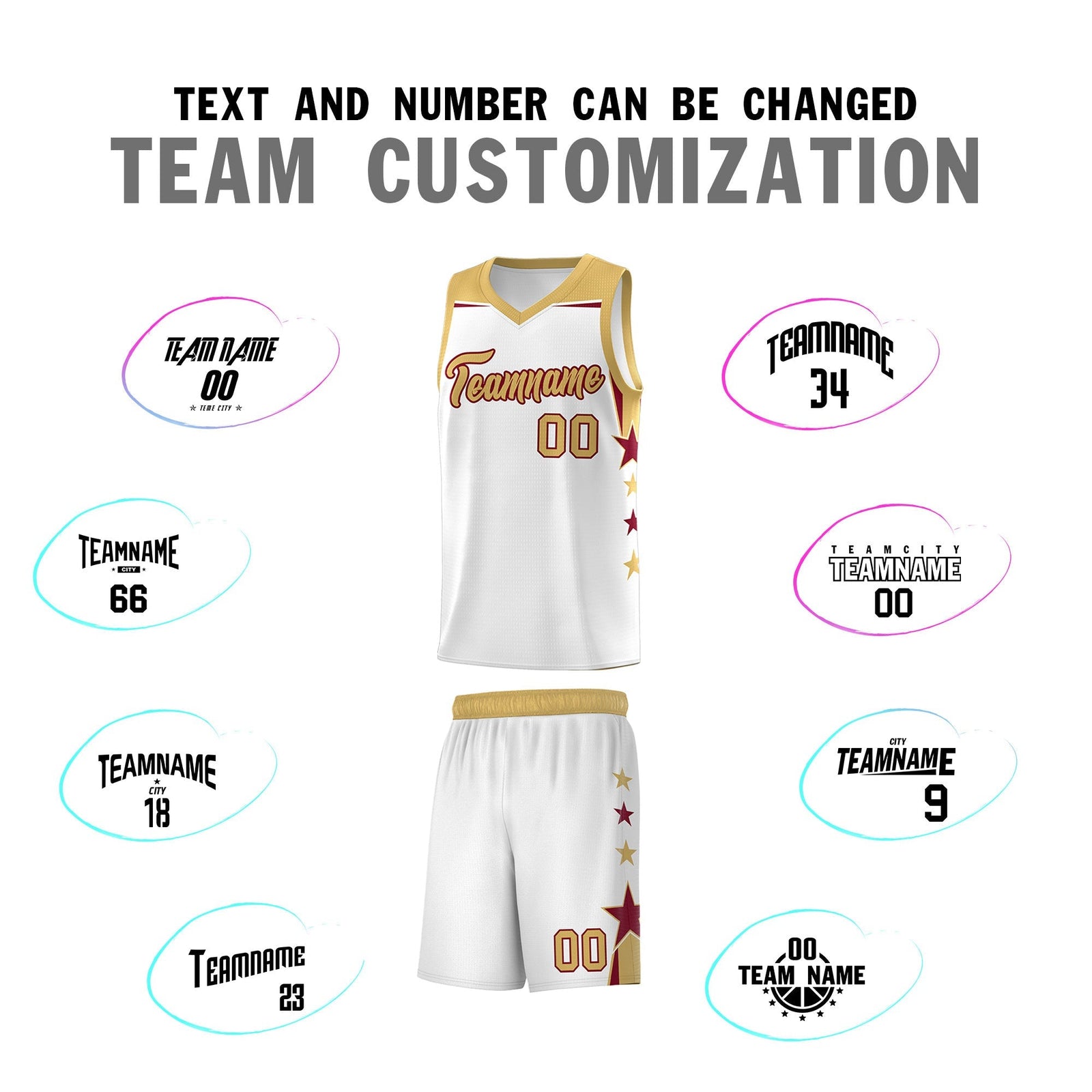 Custom Youth Basketball Uniform White Old Gold Two Tone Side Star Add Name Number & Logo
