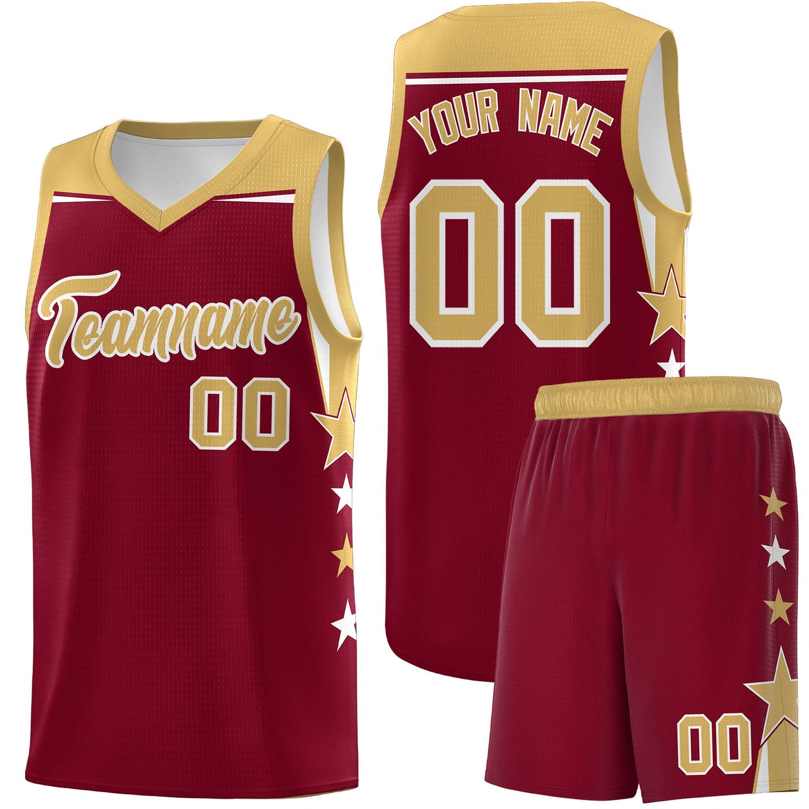 Custom Youth Basketball Uniform Crimson Old Gold Two Tone Side Star Color Block Team Jersey