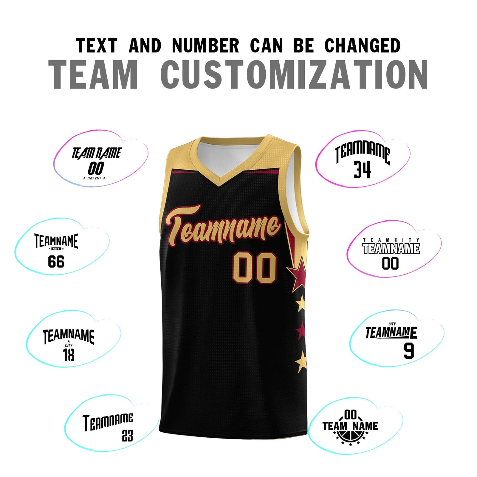 Custom Youth Basketball Uniform Black Old Gold Two Tone Side Star Add Name Number & Logo