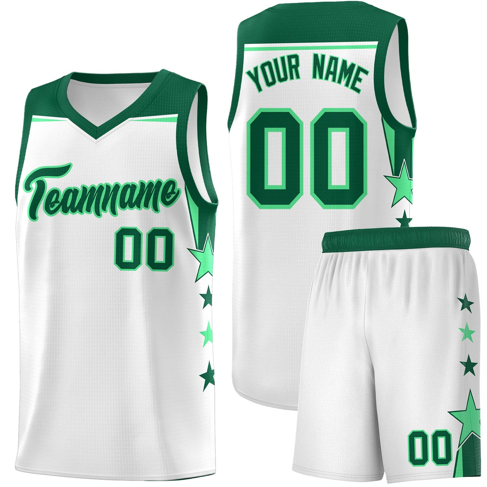 Custom Youth Basketball Uniform White Kelly Green Two Tone Side Star Add Name Number & Logo