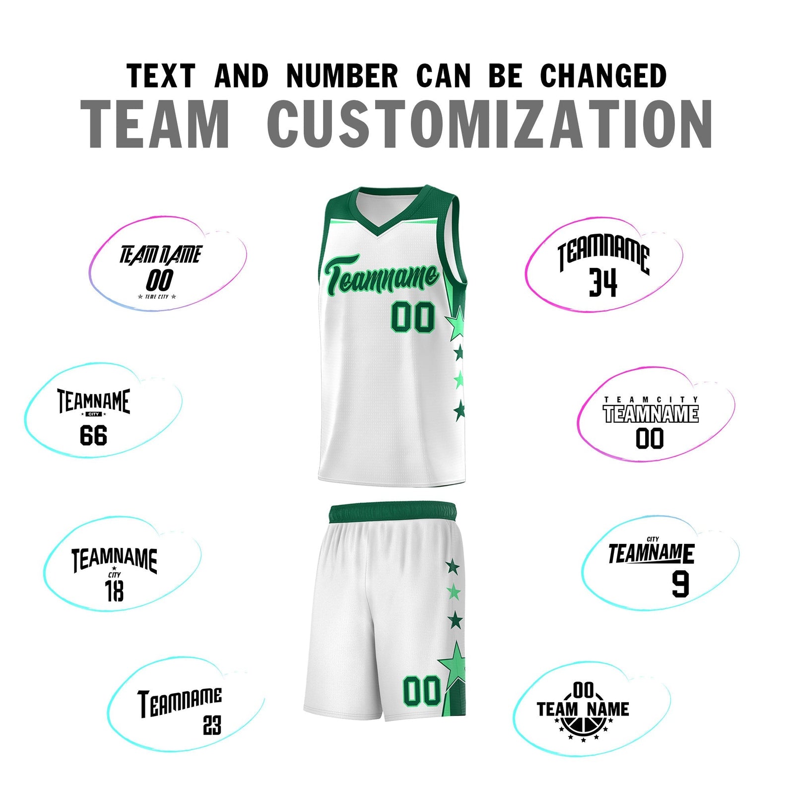 Custom Youth Basketball Uniform White Kelly Green Two Tone Side Star Add Name Number & Logo