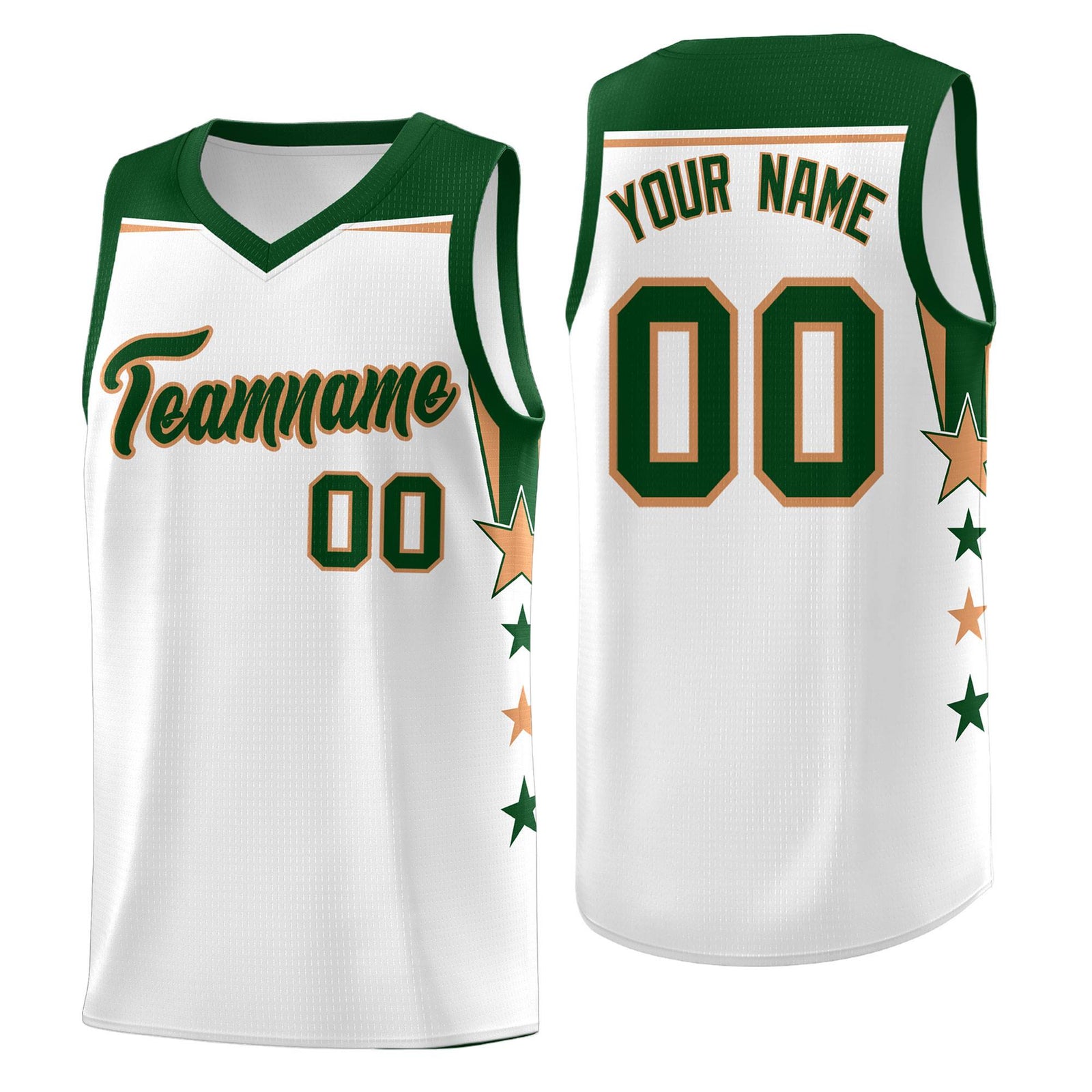 Custom Youth Basketball Uniform White Green Two Tone Side Star Add Name Number & Logo
