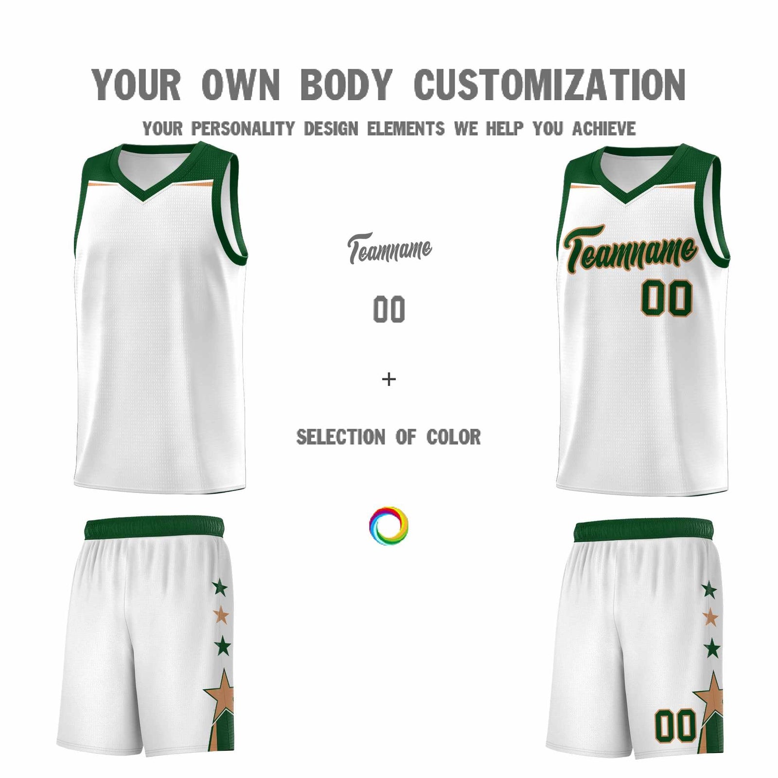 Custom Youth Basketball Uniform White Green Two Tone Side Star Add Name Number & Logo